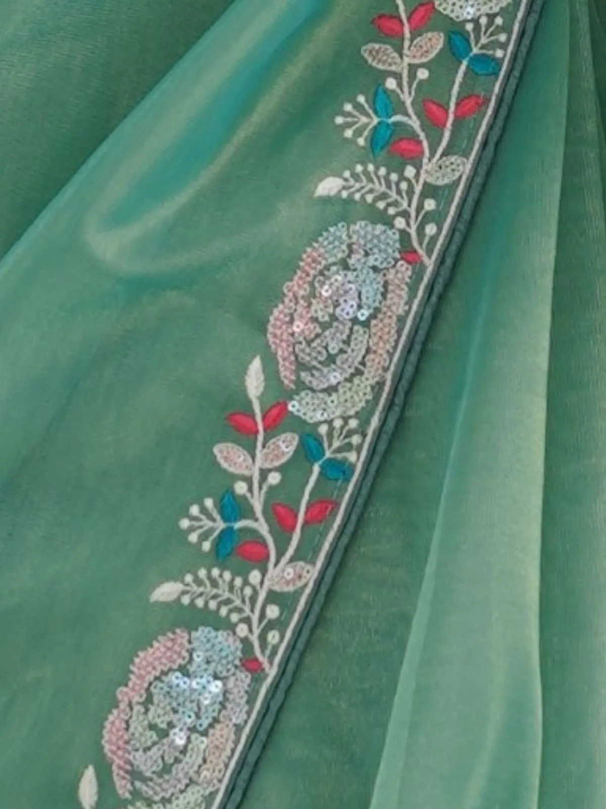 Odette Sea Green Net Sequins Embroidered Saree With Unstitched Blouse For Women - Image 6