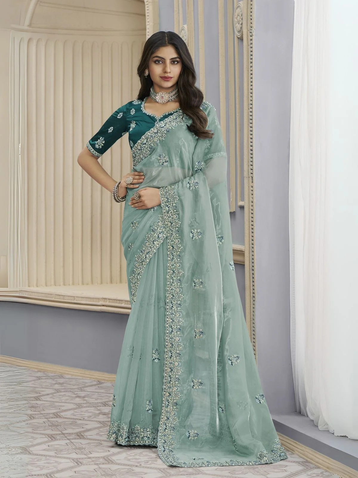 Odette Sea Green Organza Embroidered Elegant Saree For Women