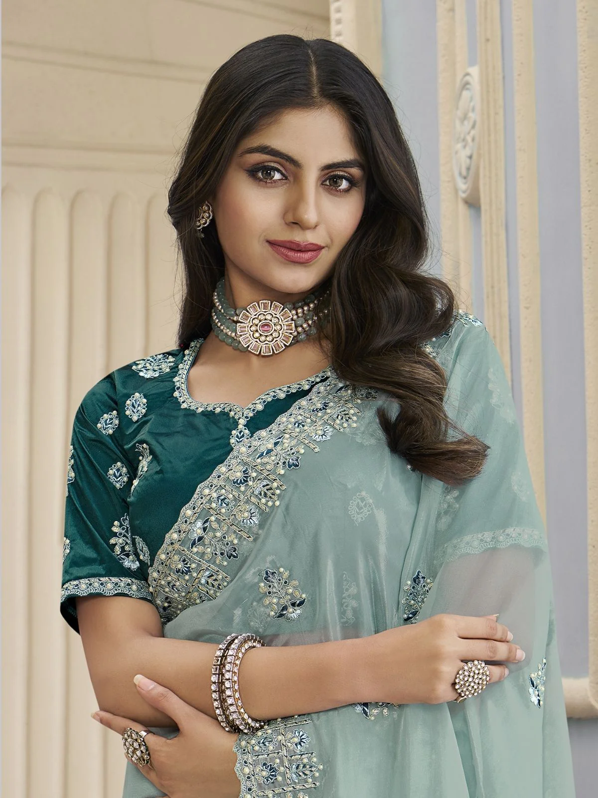 Odette Sea Green Organza Embroidered Elegant Saree For Women - Image 2