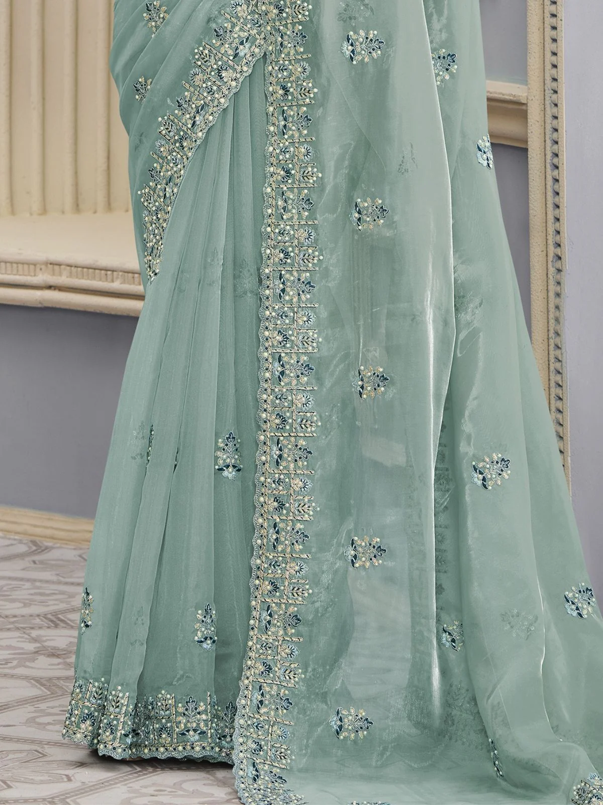 Odette Sea Green Organza Embroidered Elegant Saree For Women - Image 3