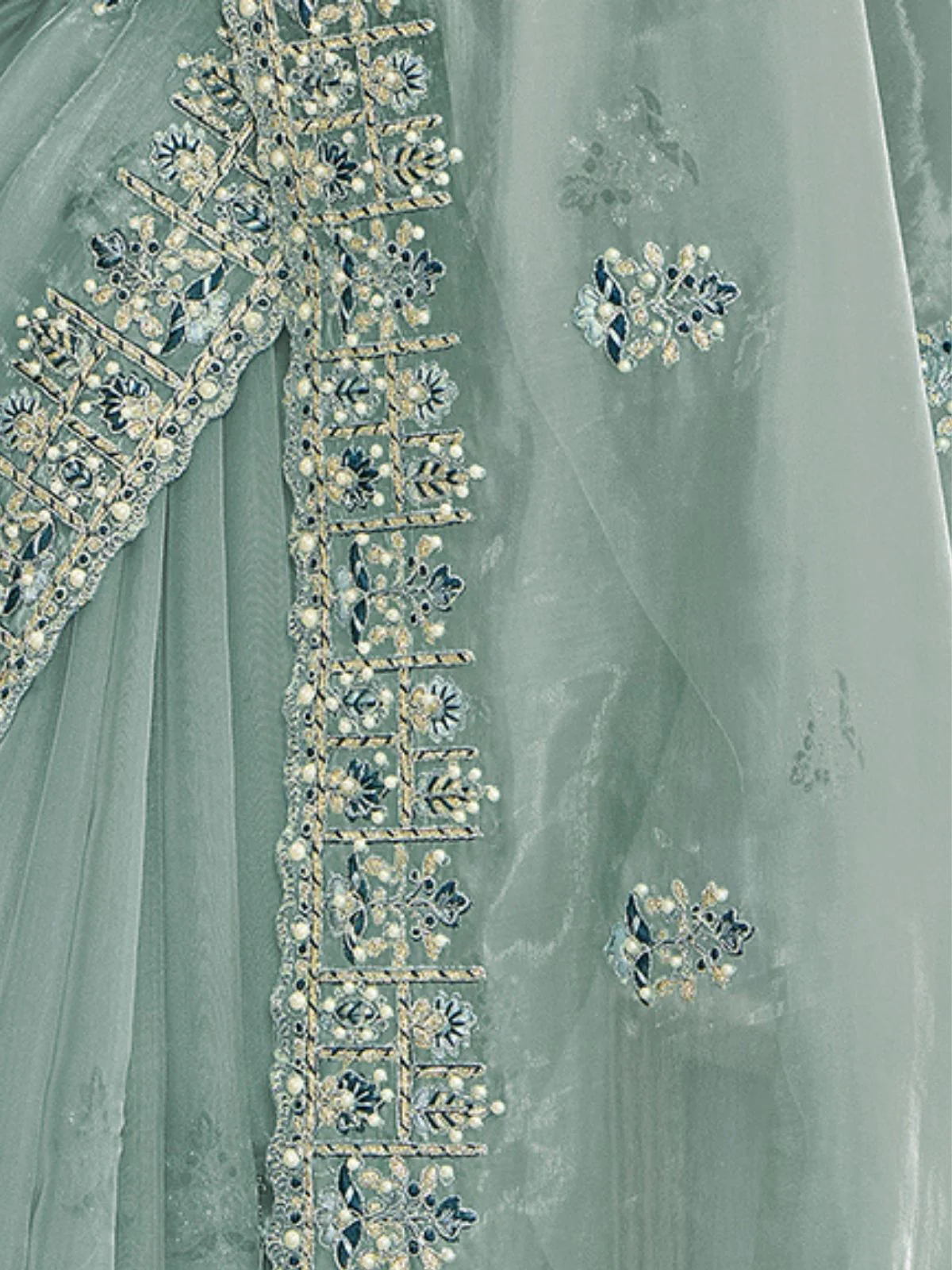Odette Sea Green Organza Embroidered Elegant Saree For Women - Image 4