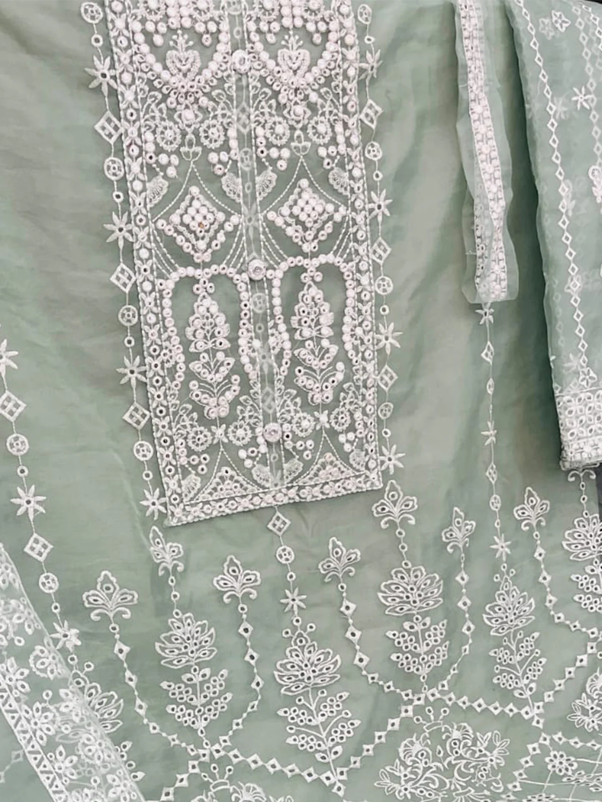 Odette Sea Green Organza Embroidered Semi Stitched Salwar Suit For Women - Image 3