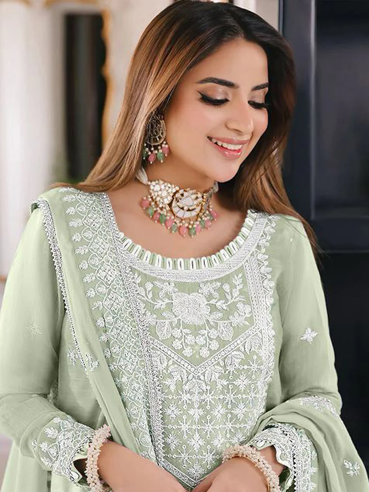Odette Sea Green Organza Embroidered Semi Stitched Salwar Suit For Women - Image 2