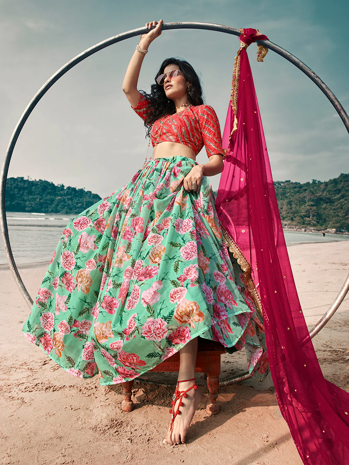 Odette Sea Green Printed Organza Semi Stitched Lehenga With Blouse For Women - Image 2