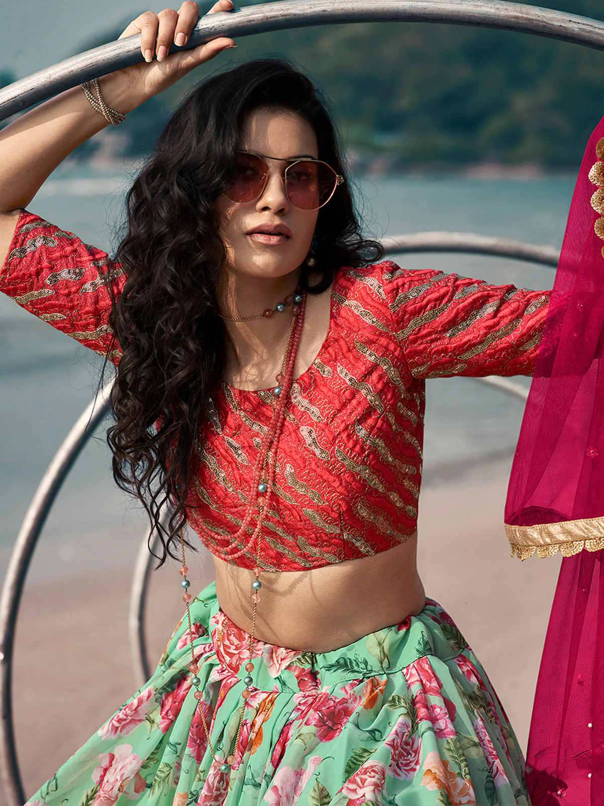 Odette Sea Green Printed Organza Semi Stitched Lehenga With Blouse For Women - Image 3
