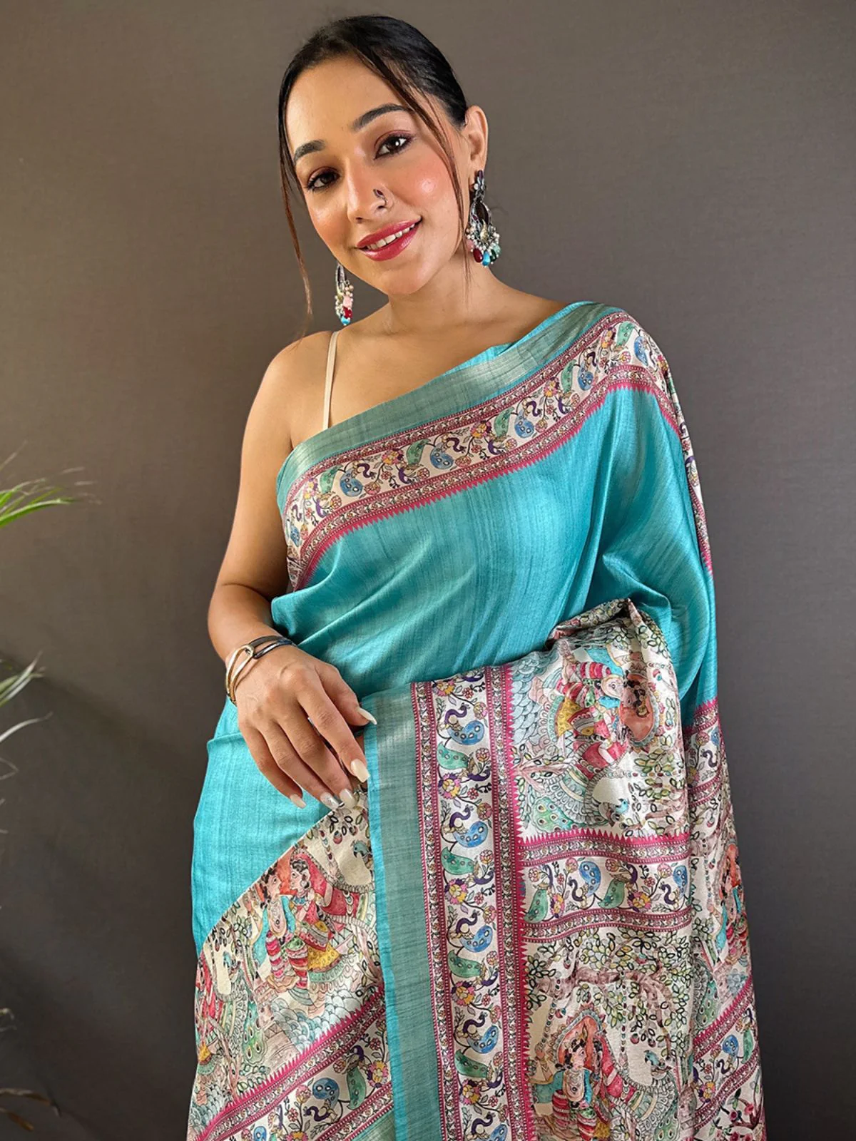 Odette Sea Green Printed Silk Blend Saree With Unstitched Blouse For Women - Image 3