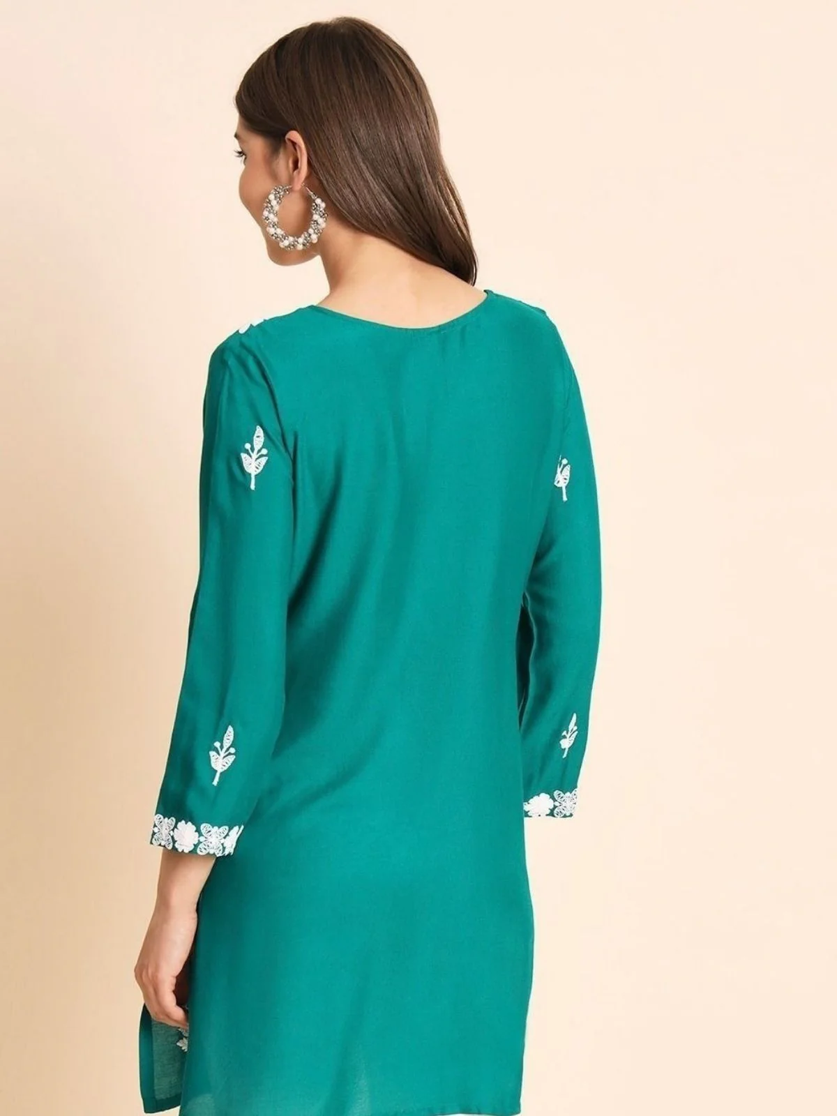 Odette Sea Green Rayon Embroidered Kurti For Women - Image 3