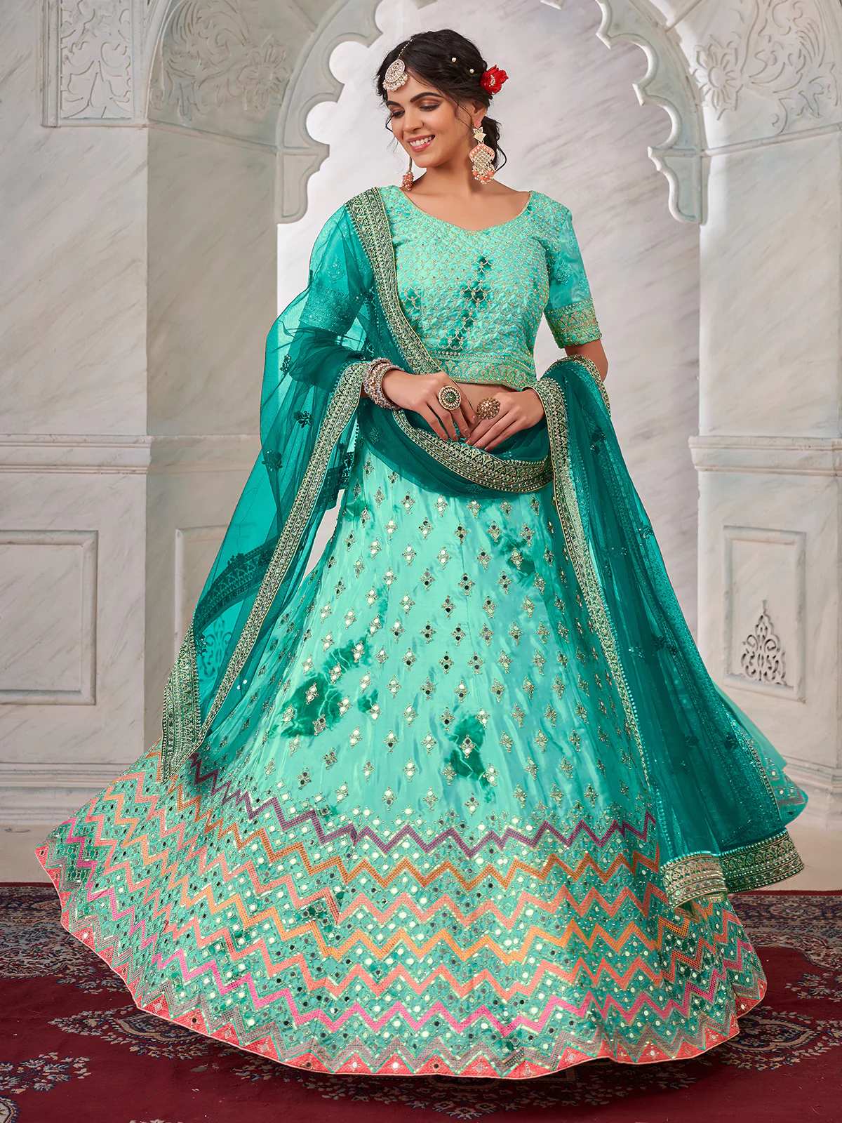 Odette Sea Green Shibori Crepe Embroidered Semi Stitched Lehenga With Unstitched Blouse for Women - Image 2