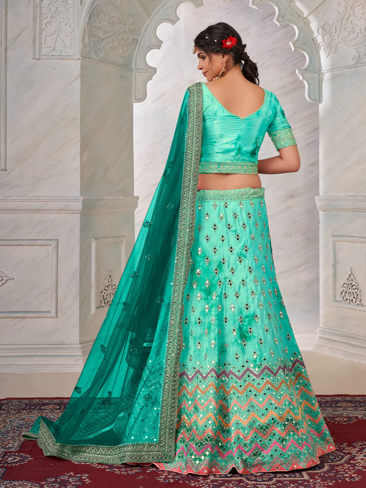Odette Sea Green Shibori Crepe Embroidered Semi Stitched Lehenga With Unstitched Blouse for Women - Image 3