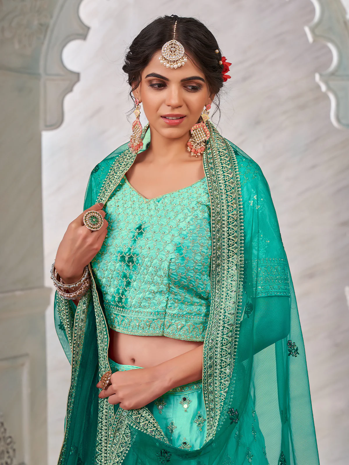 Odette Sea Green Shibori Crepe Embroidered Semi Stitched Lehenga With Unstitched Blouse for Women - Image 4