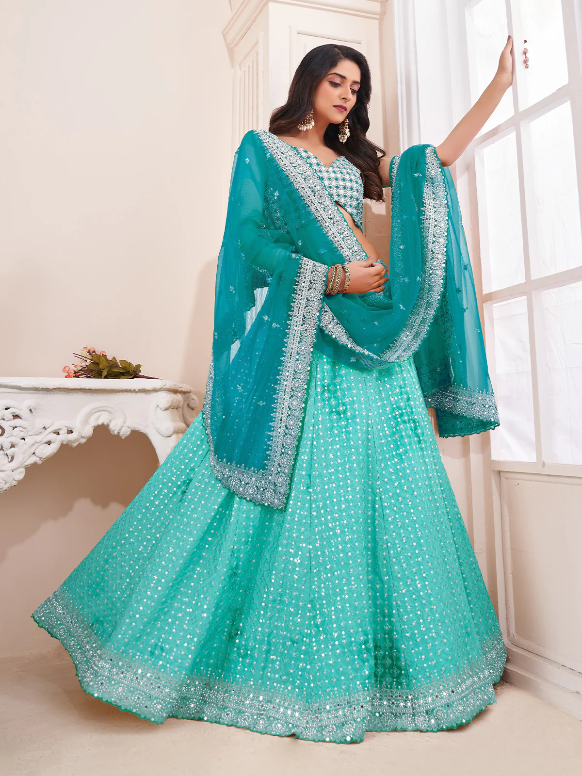 Odette Blue Shibori Crepe Embroidered Semi Stitched Lehenga With Unstitched Blouse for Women - Image 2