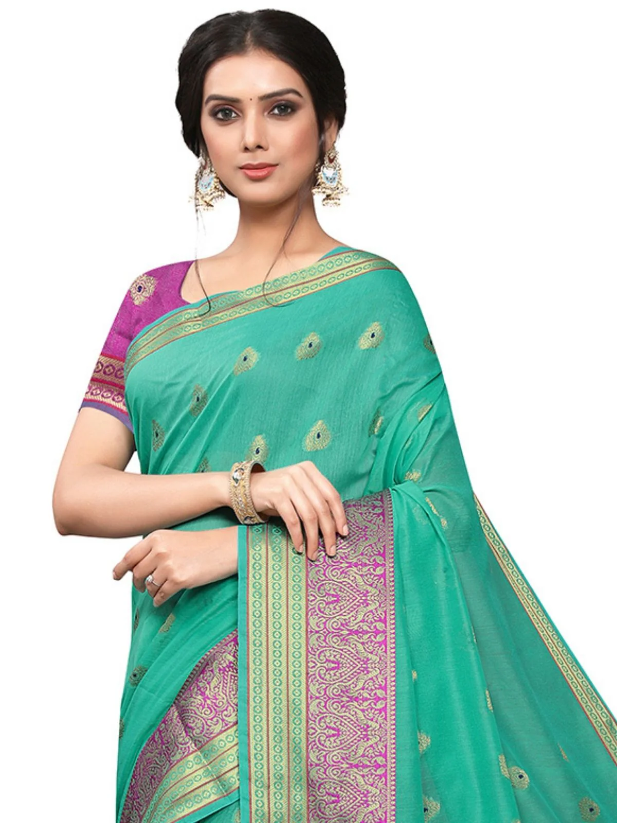 Odette Sea Green Silk Blend Embellished Saree For Women - Image 5