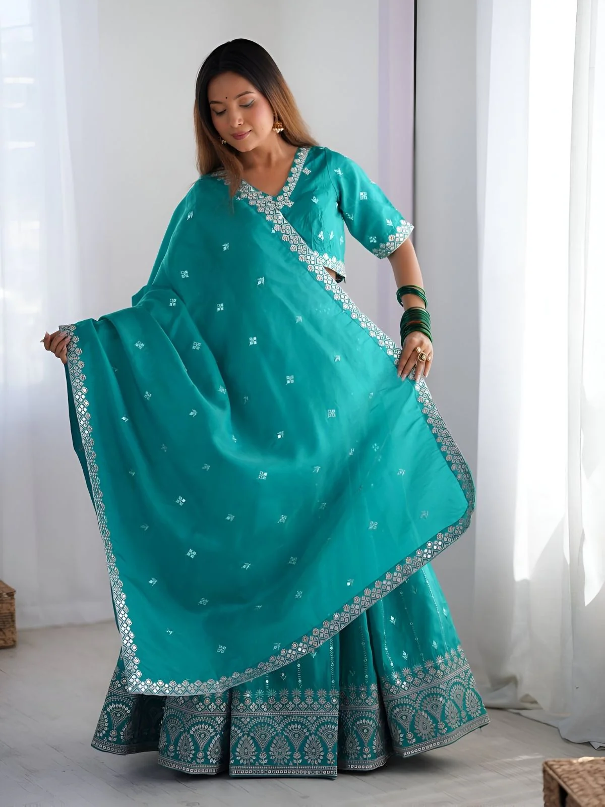 Odette Sea Green Silk Blend Embroidered Semi-Stitched lehenga For Women
