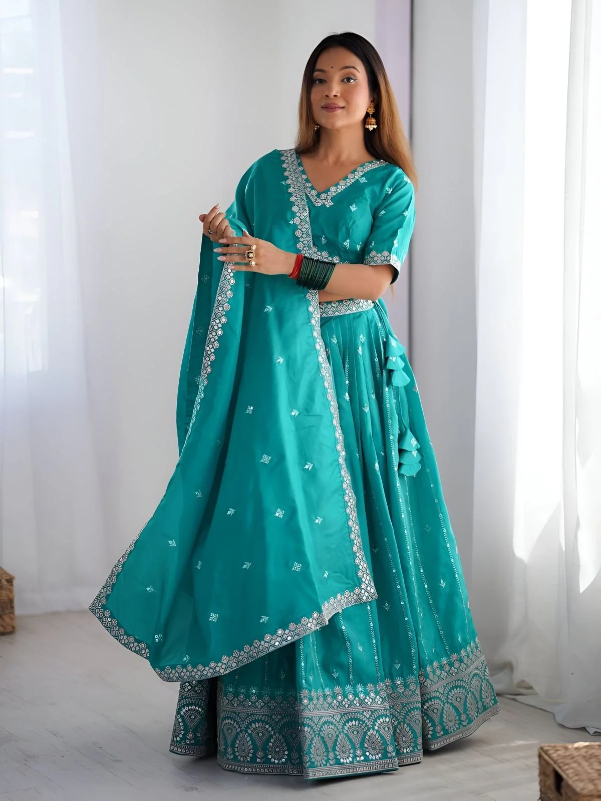 Odette Sea Green Silk Blend Embroidered Semi-Stitched lehenga For Women - Image 3