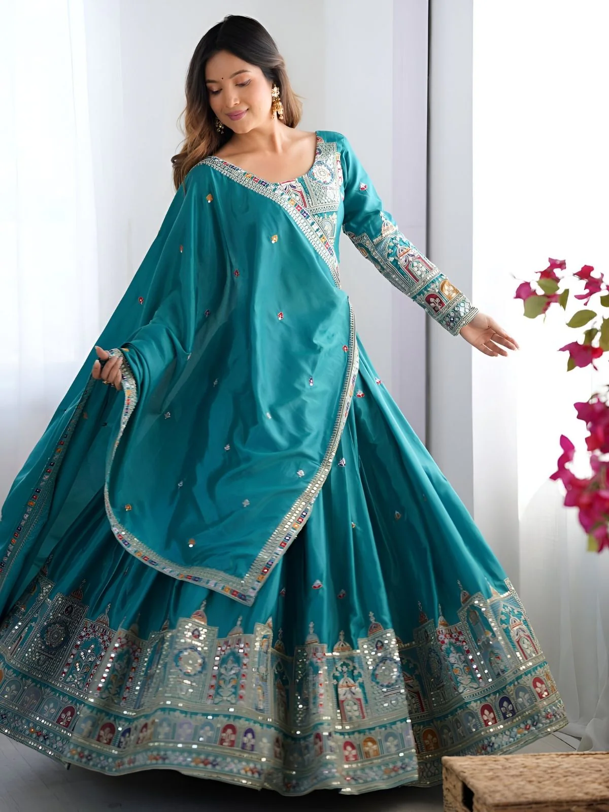 Odette Sea Green Silk Blend Embroidered Semi-Stitched lehenga For Women - Image 4