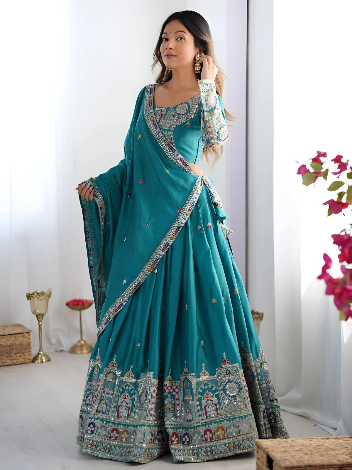Odette Sea Green Silk Blend Embroidered Semi-Stitched lehenga For Women - Image 6