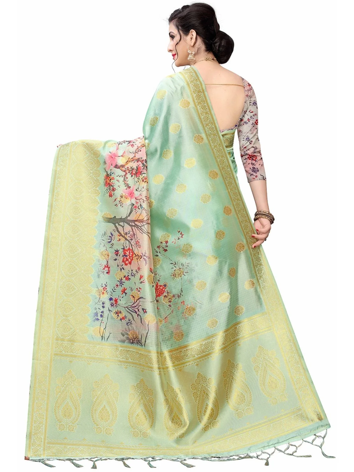 Odette Sea Green Silk Blend Floral Printed Saree For Women - Image 3