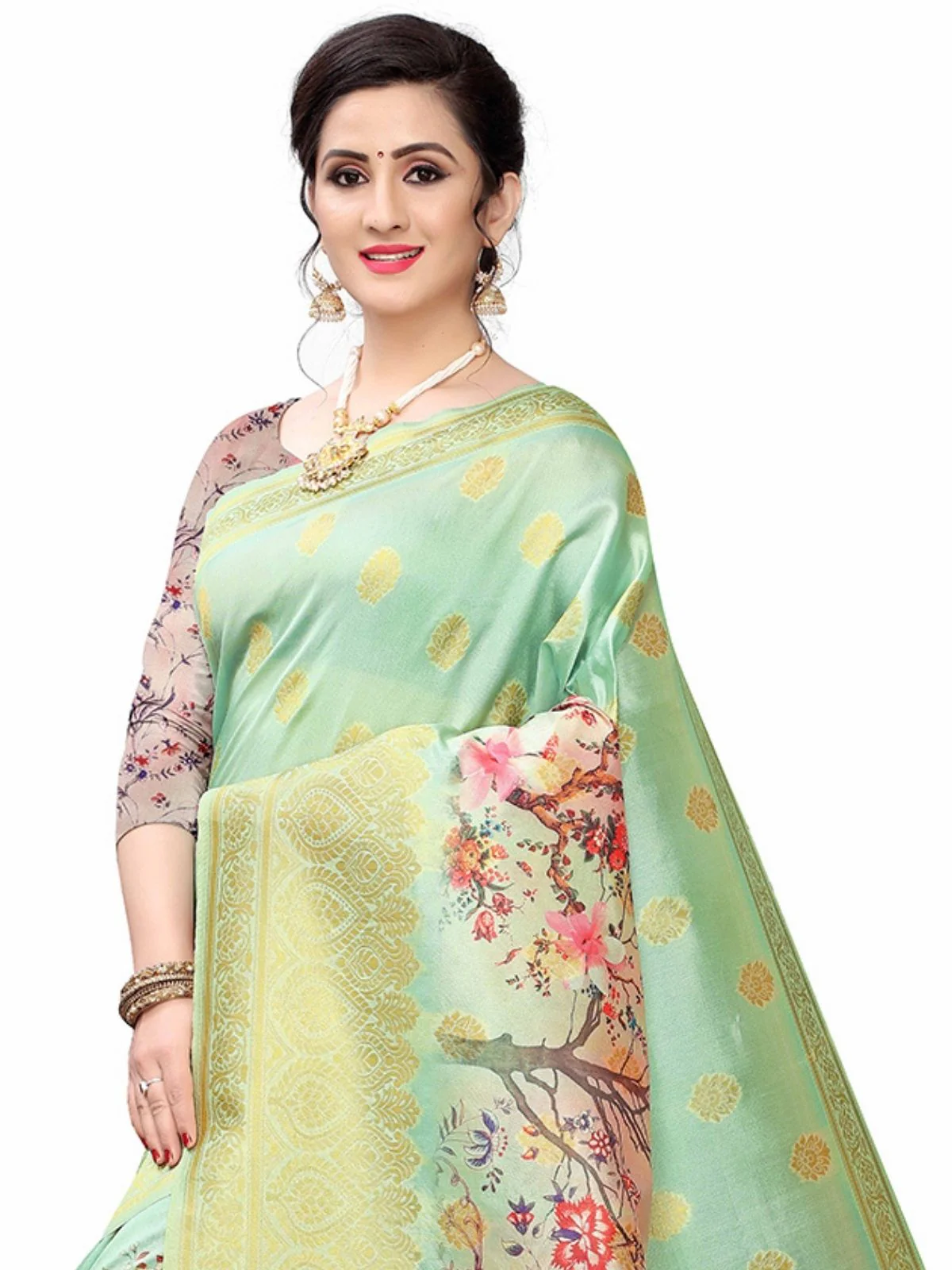 Odette Sea Green Silk Blend Floral Printed Saree For Women - Image 4