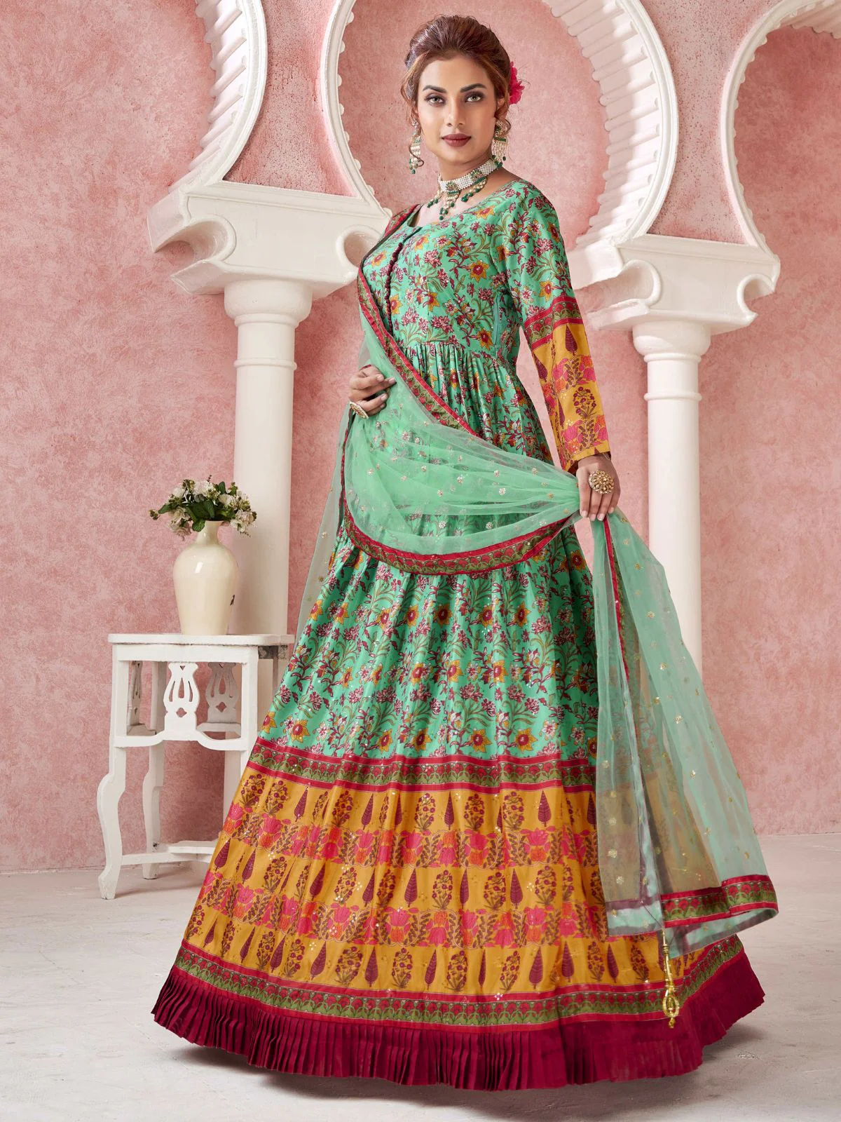 Odette Sea Green Silk Blend Printed Gown with Dupatta For Women - Image 2