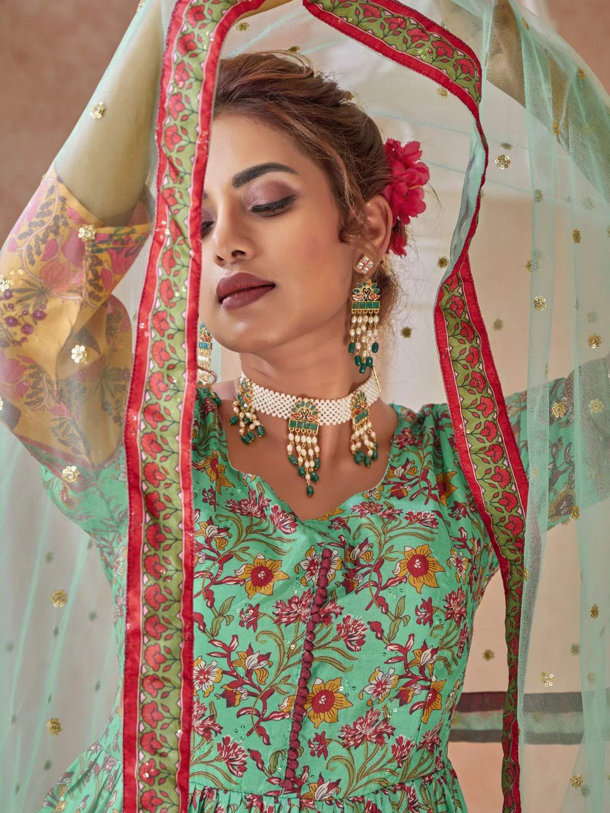 Odette Sea Green Silk Blend Printed Gown with Dupatta For Women - Image 4