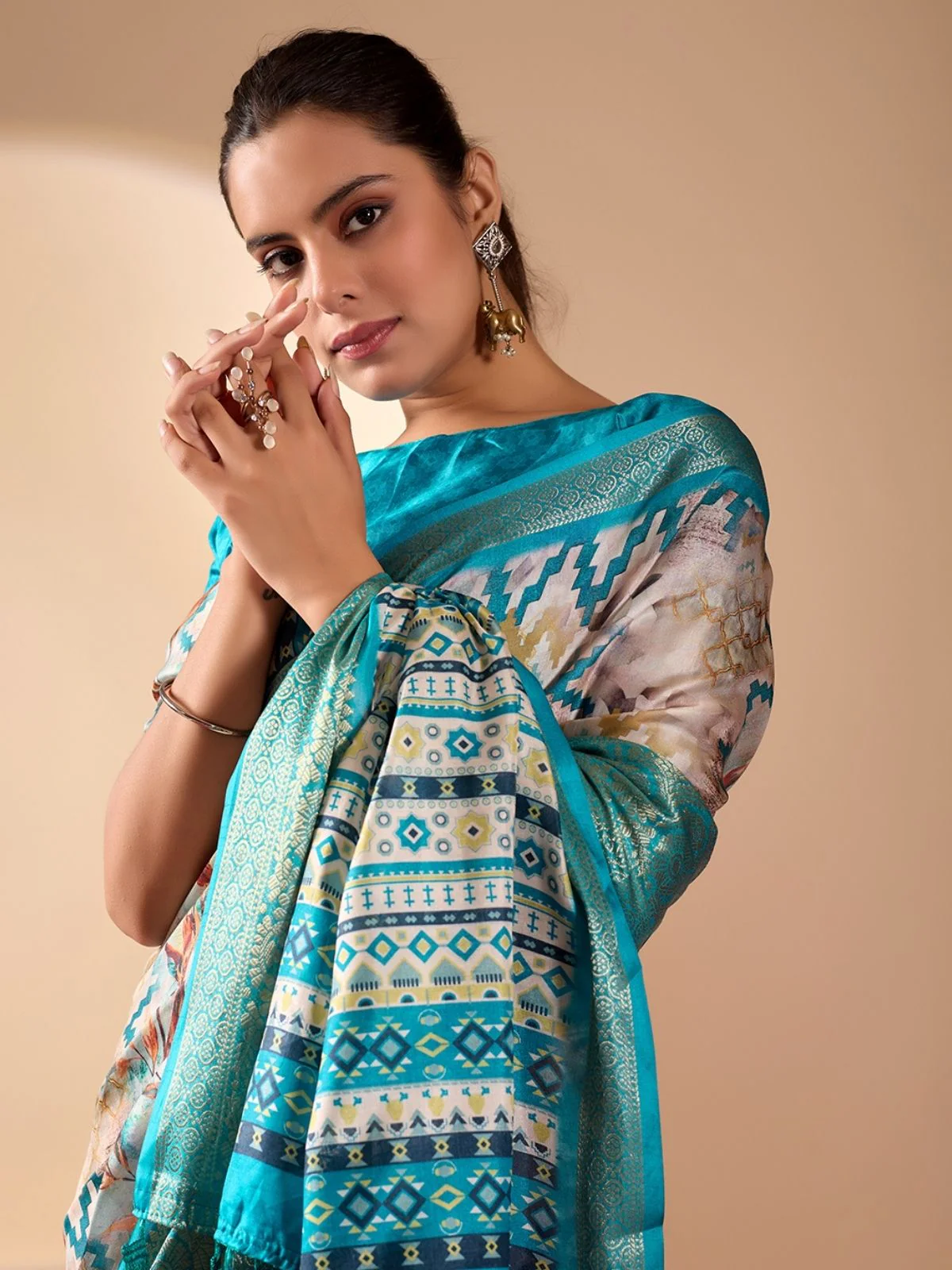 Odette Sea Green Silk Blend Printed Saree For Women - Image 4