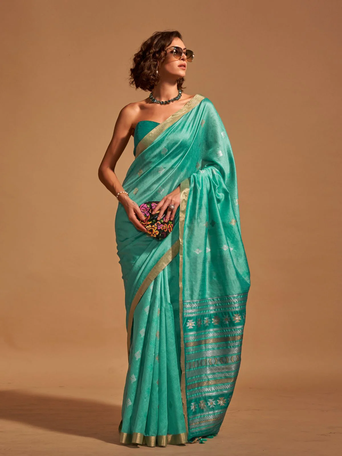 Odette Sea Green Silk Blend Woven Saree With Unstitched Blouse For Women