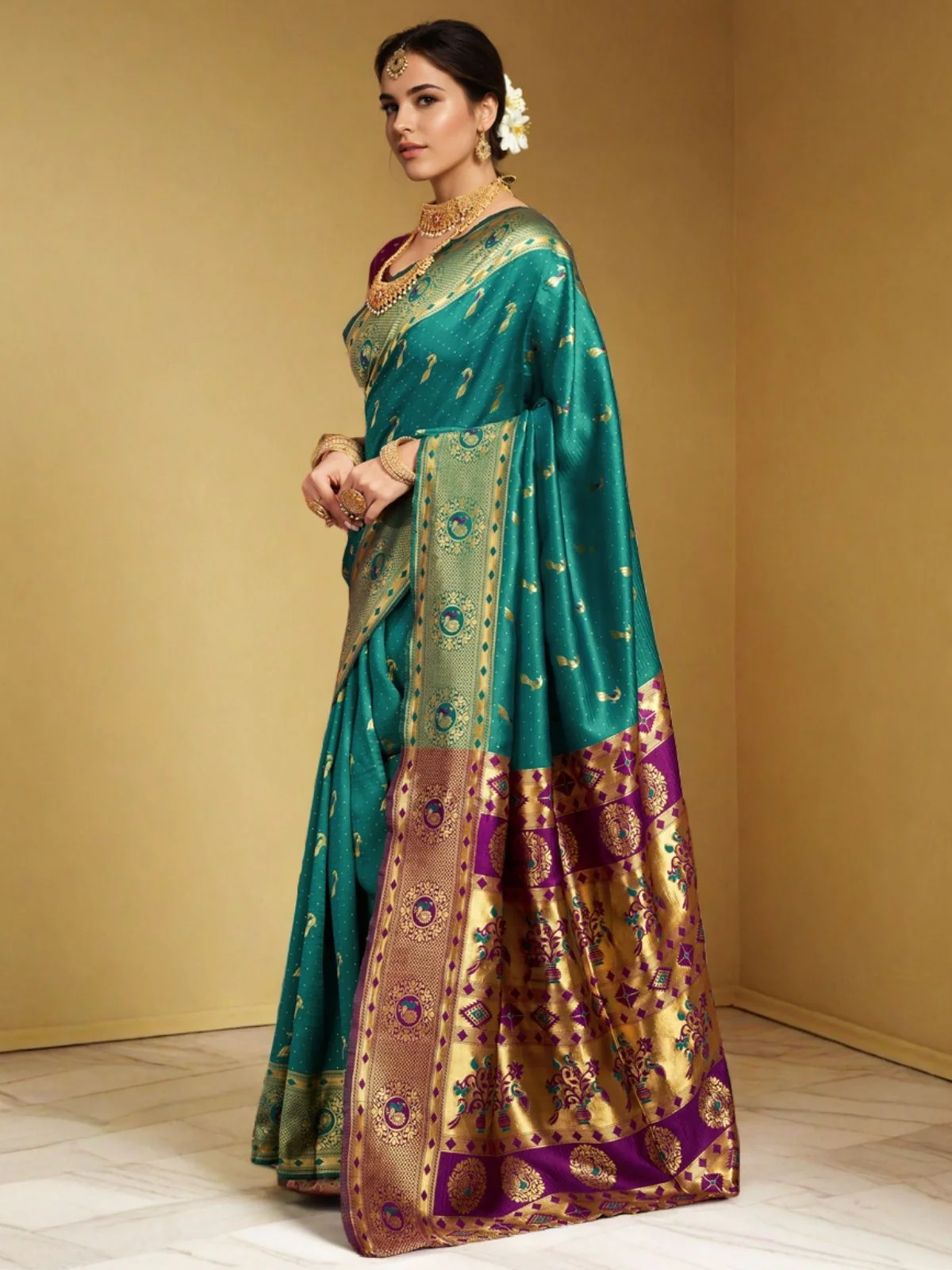 Odette Sea Green Silk Woven Saree For Women - Image 3