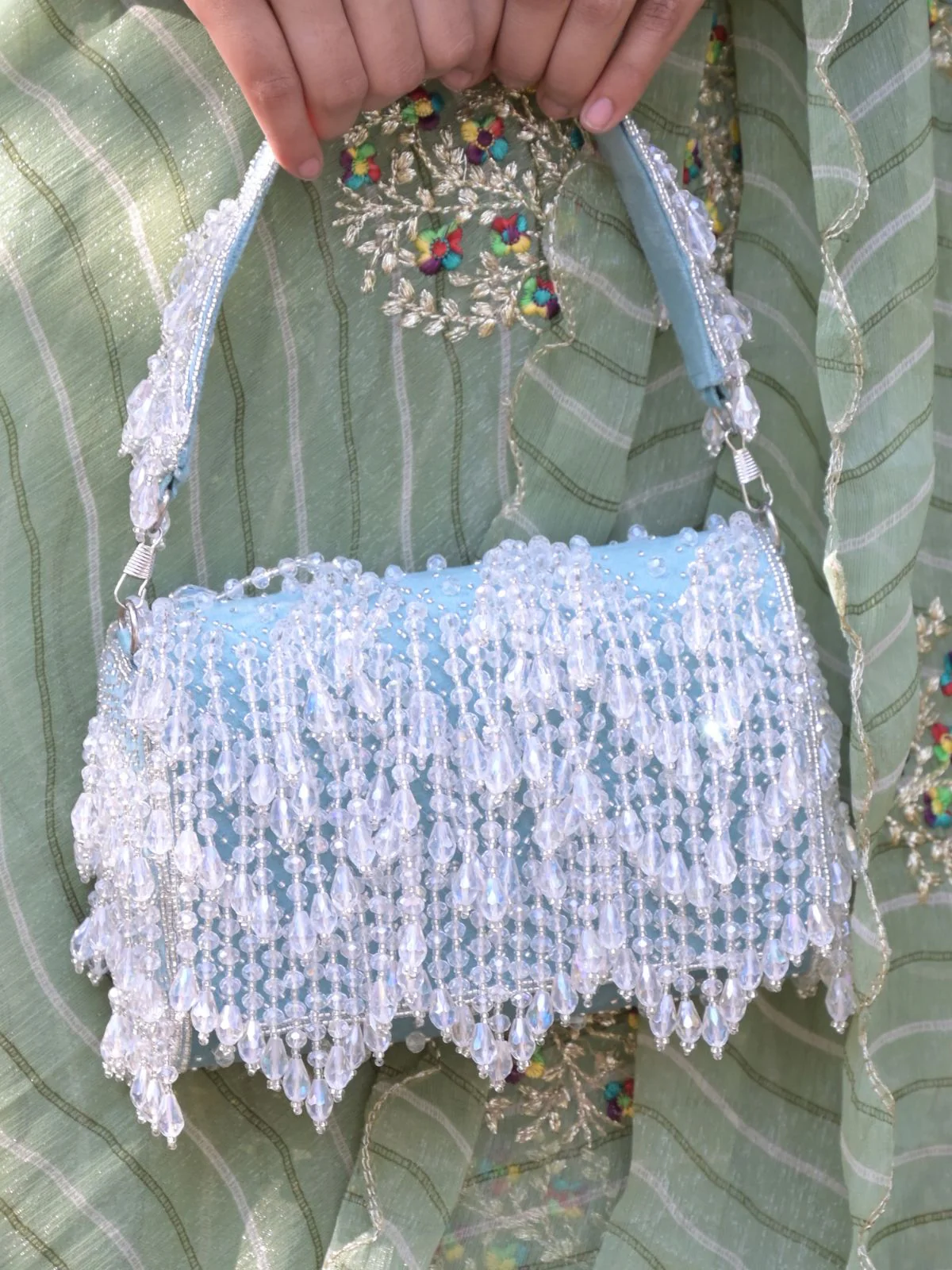 Odette Sea Green Tassels Embellished Clutch Bag For Women - Image 2