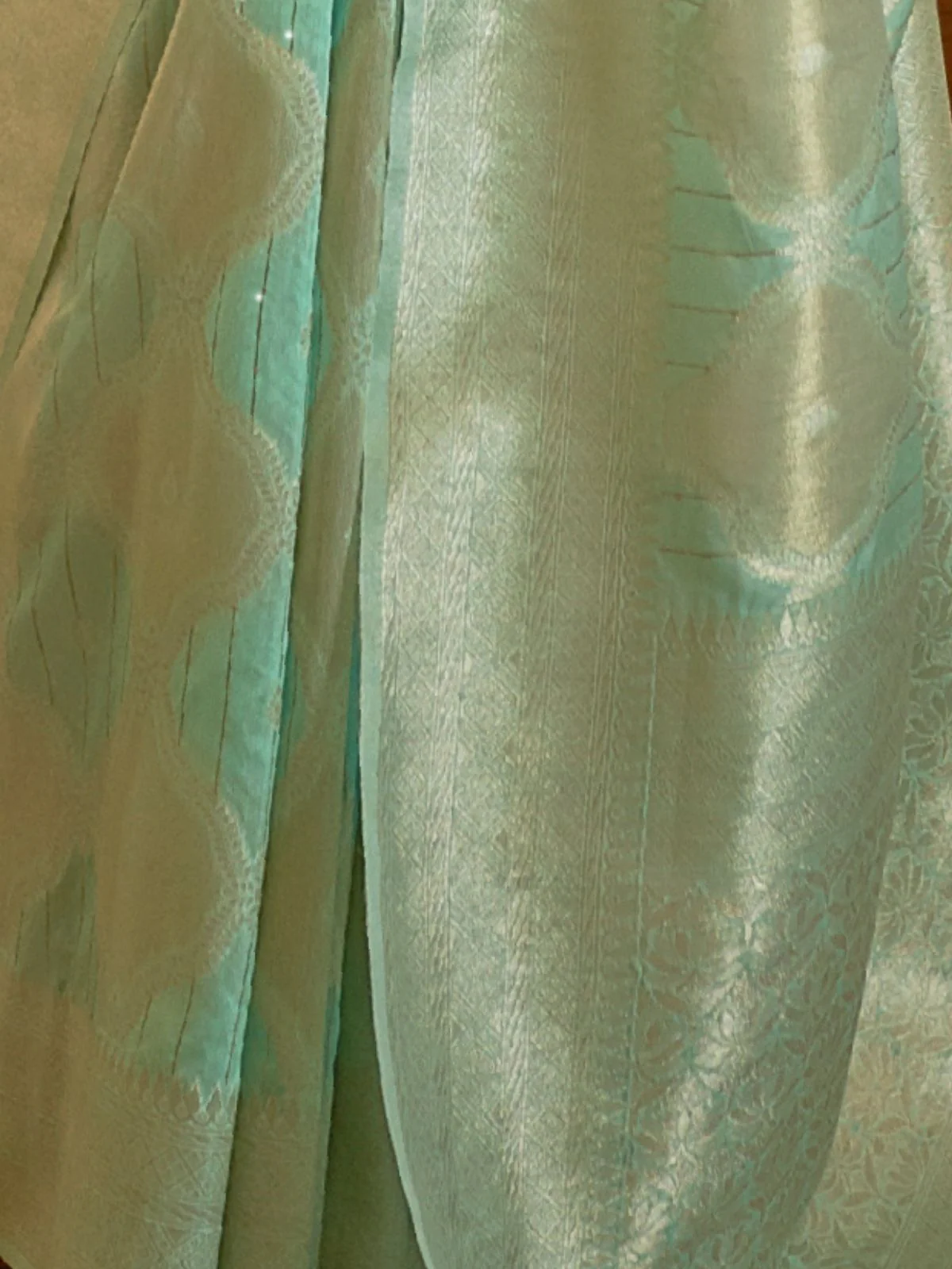 Odette Sea Green Woven Design Silk Blend Saree With Unstitched Blouse For Women - Image 3