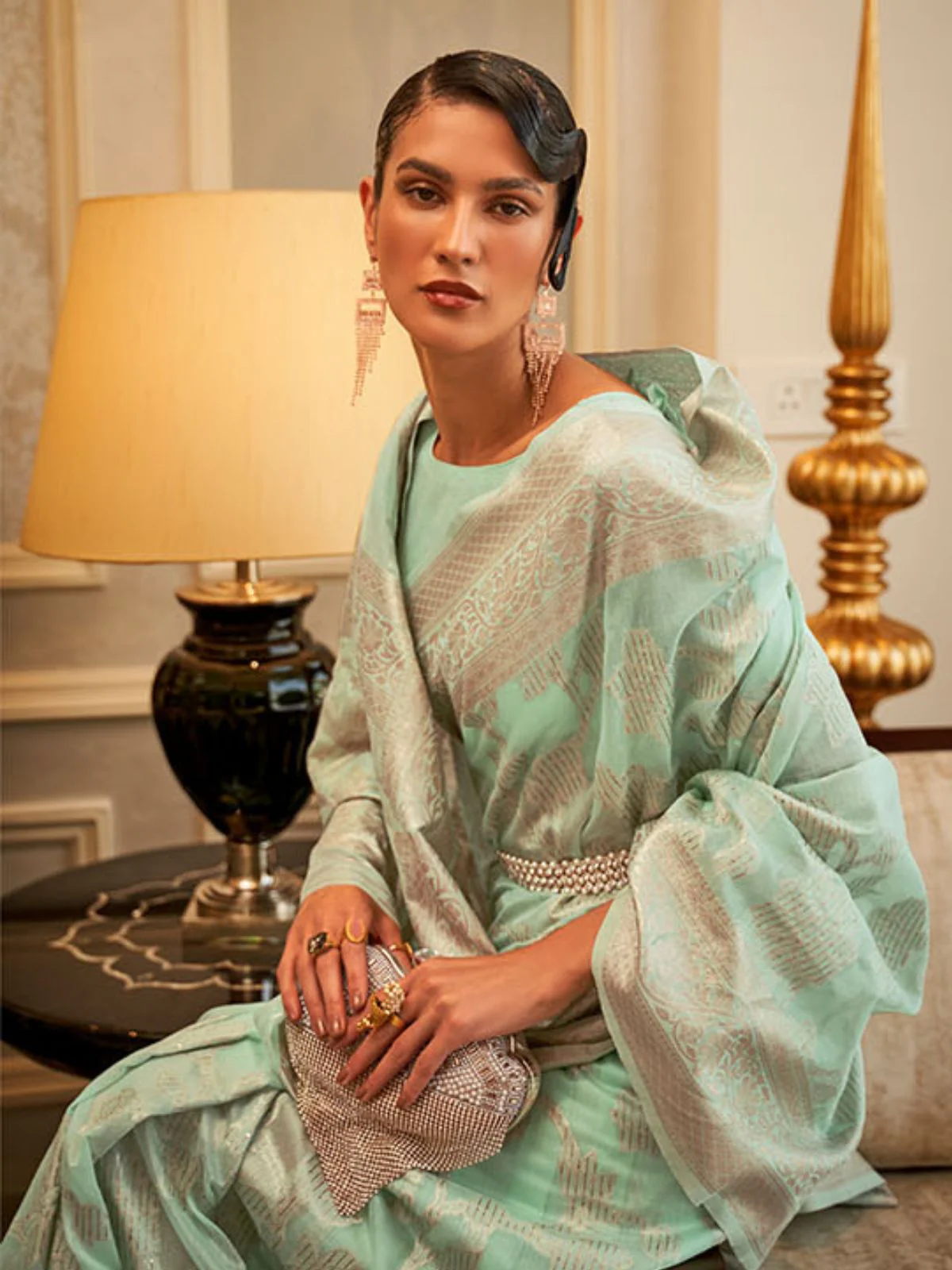 Odette Sea Green Woven Design Silk Blend Saree With Unstitched Blouse For Women - Image 2
