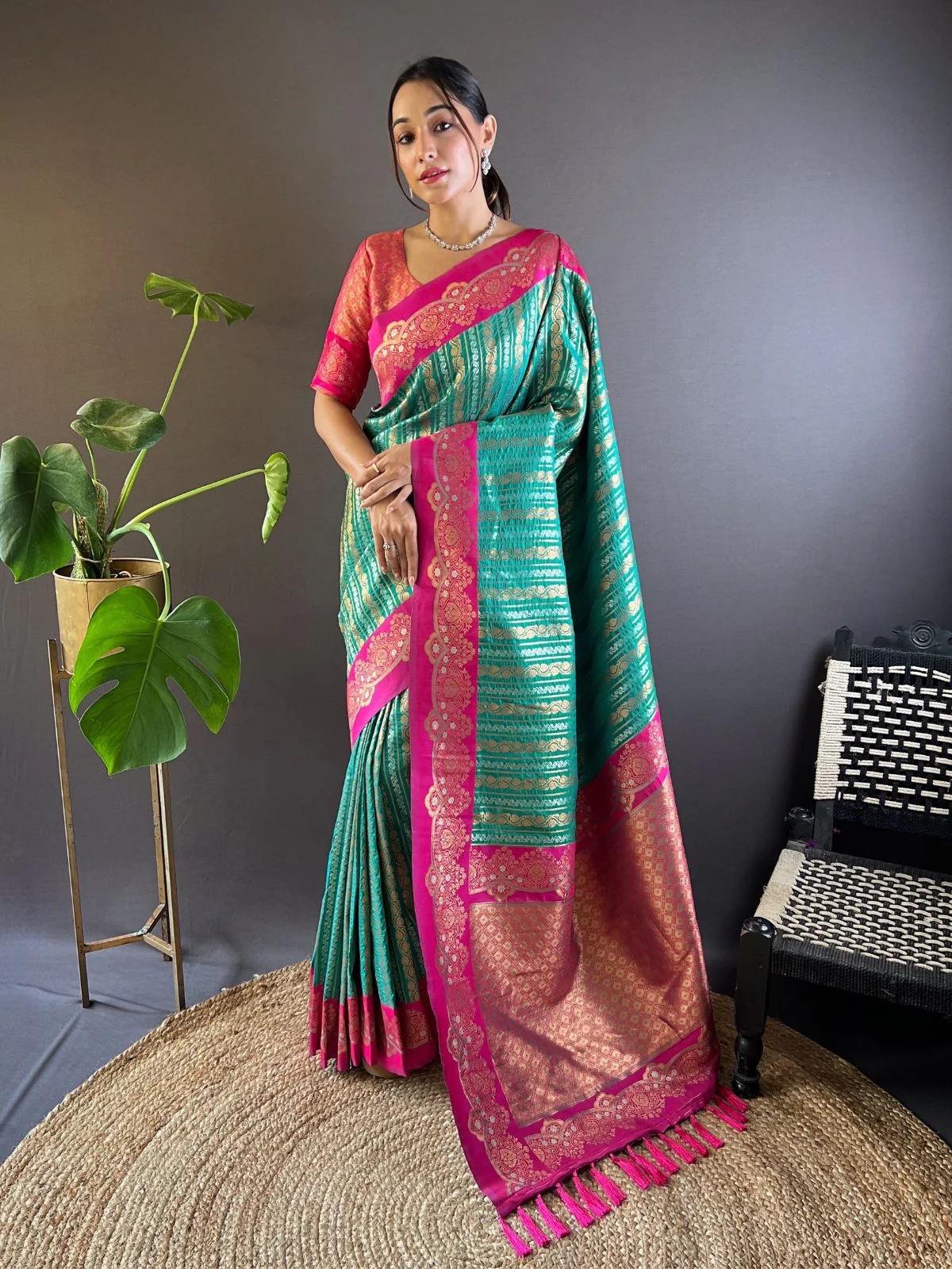 Odette Sea Green Woven Design Soft Silk Saree With Unstitched Blouse For Women