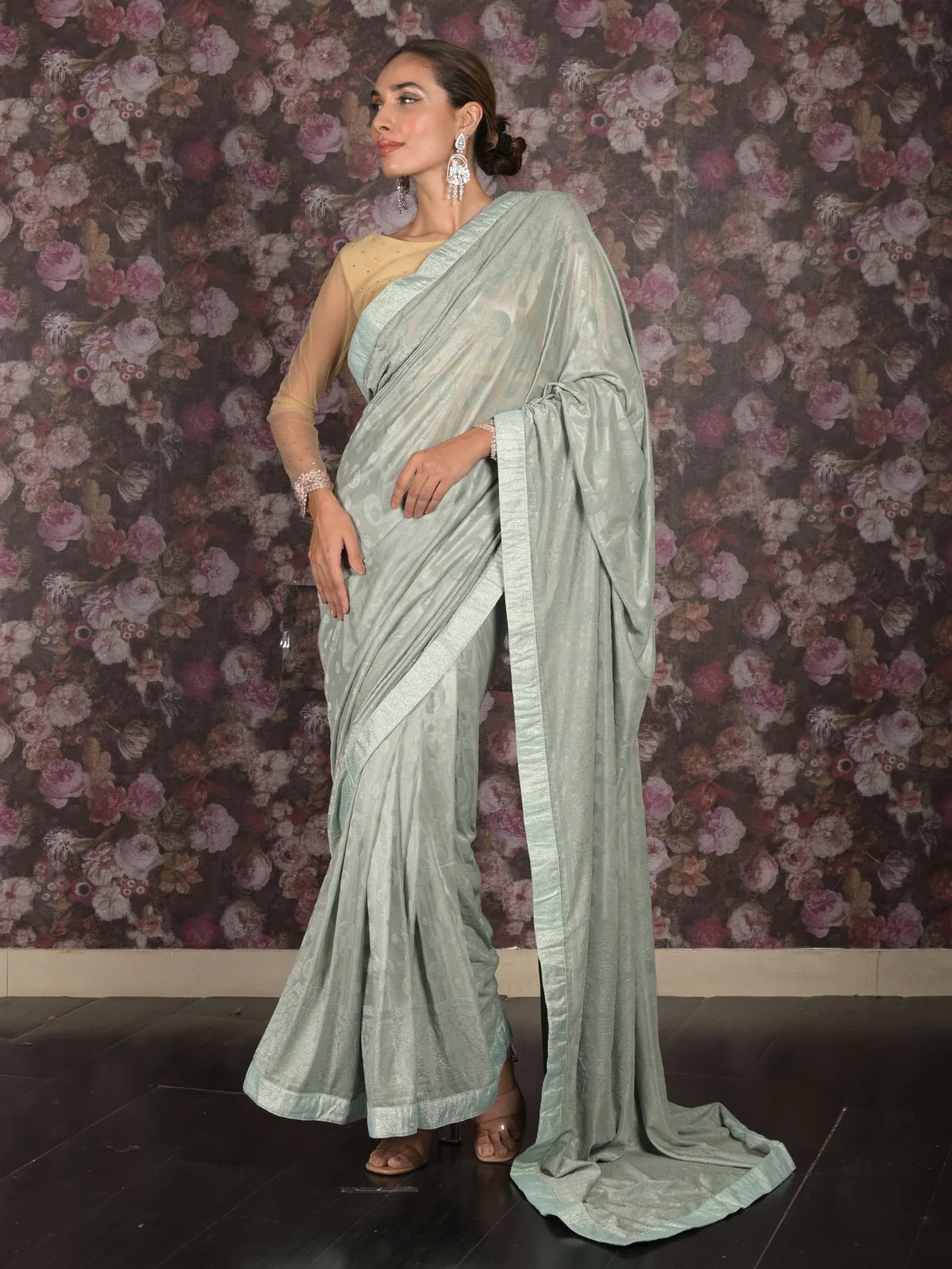 Odette Sea Green Woven Lycra Saree with Unstitched Blouse for Women - Image 2