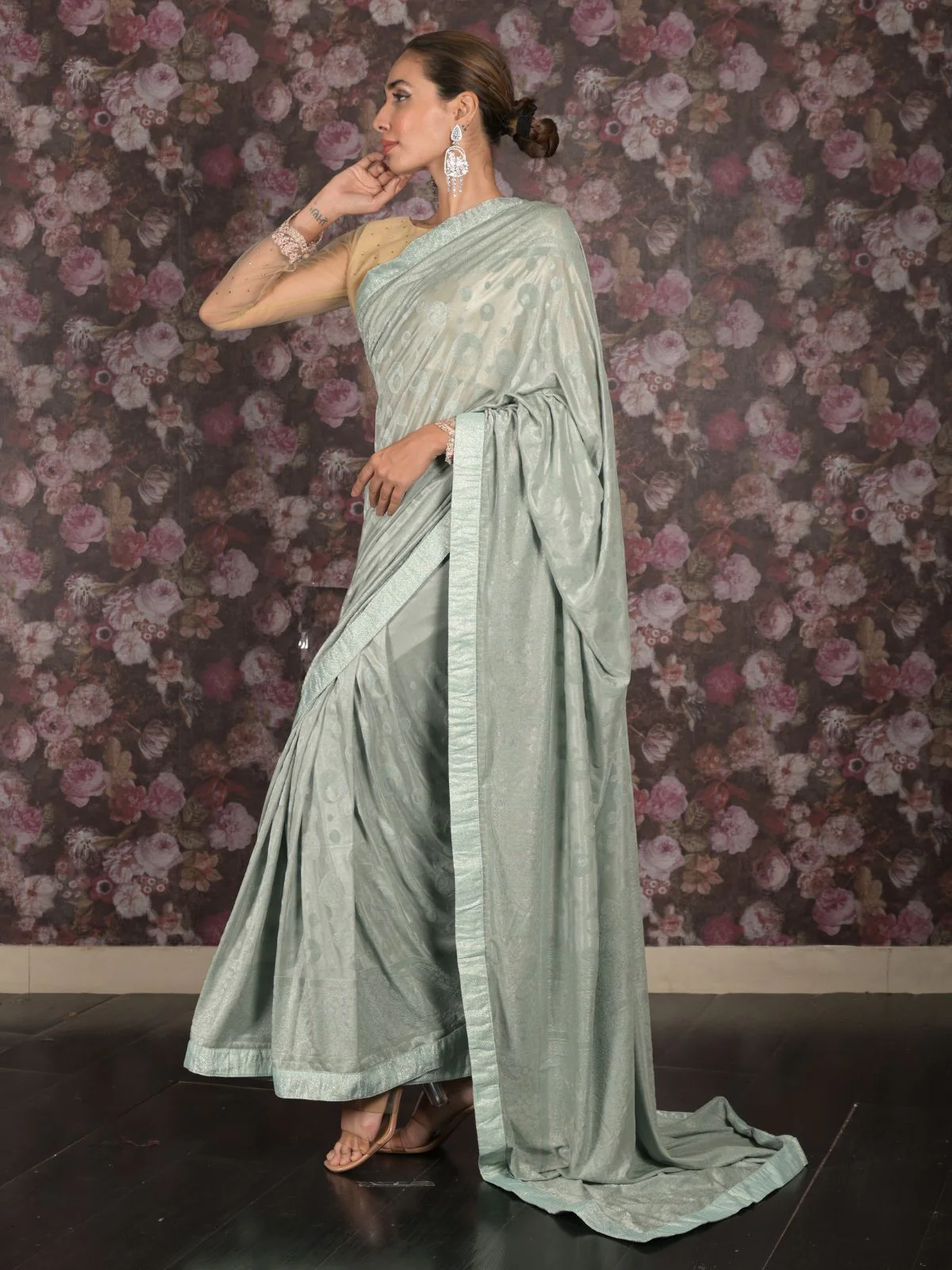 Odette Sea Green Woven Lycra Saree with Unstitched Blouse for Women - Image 3