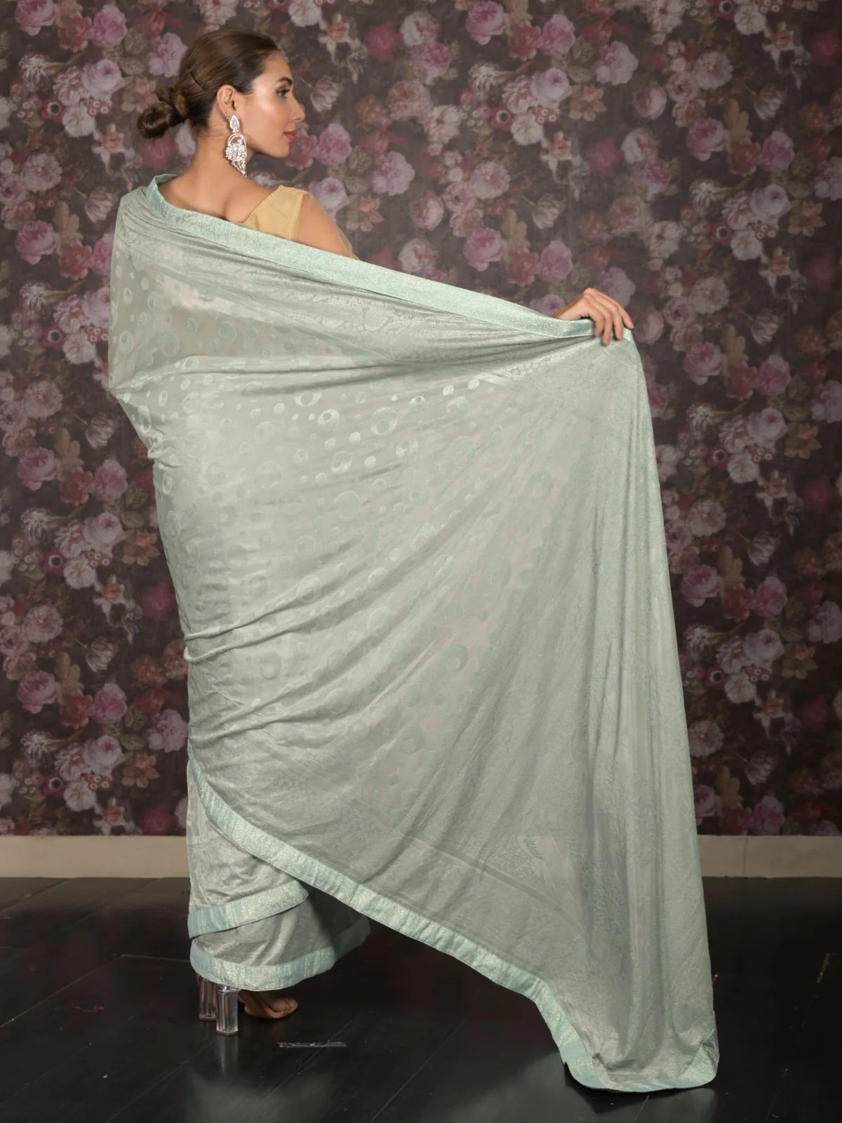 Odette Sea Green Woven Lycra Saree with Unstitched Blouse for Women - Image 4