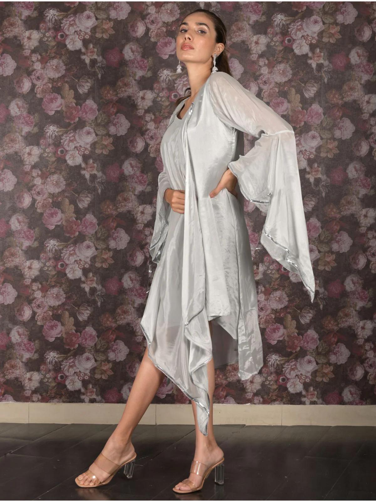 Odette Silver A-Line Patterned Indo Western Dress For Women - Image 2
