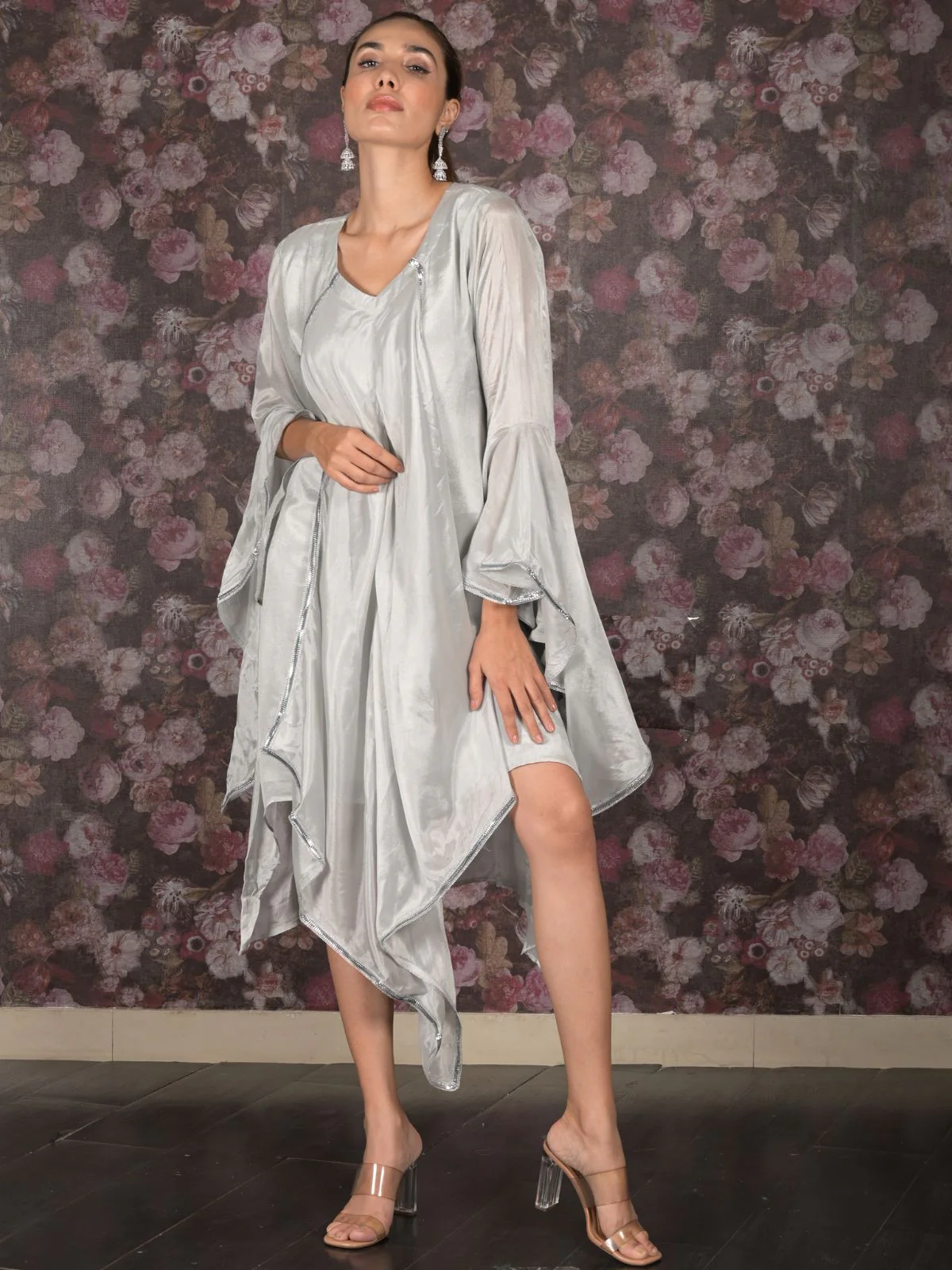 Odette Silver A-Line Patterned Indo Western Dress For Women - Image 3