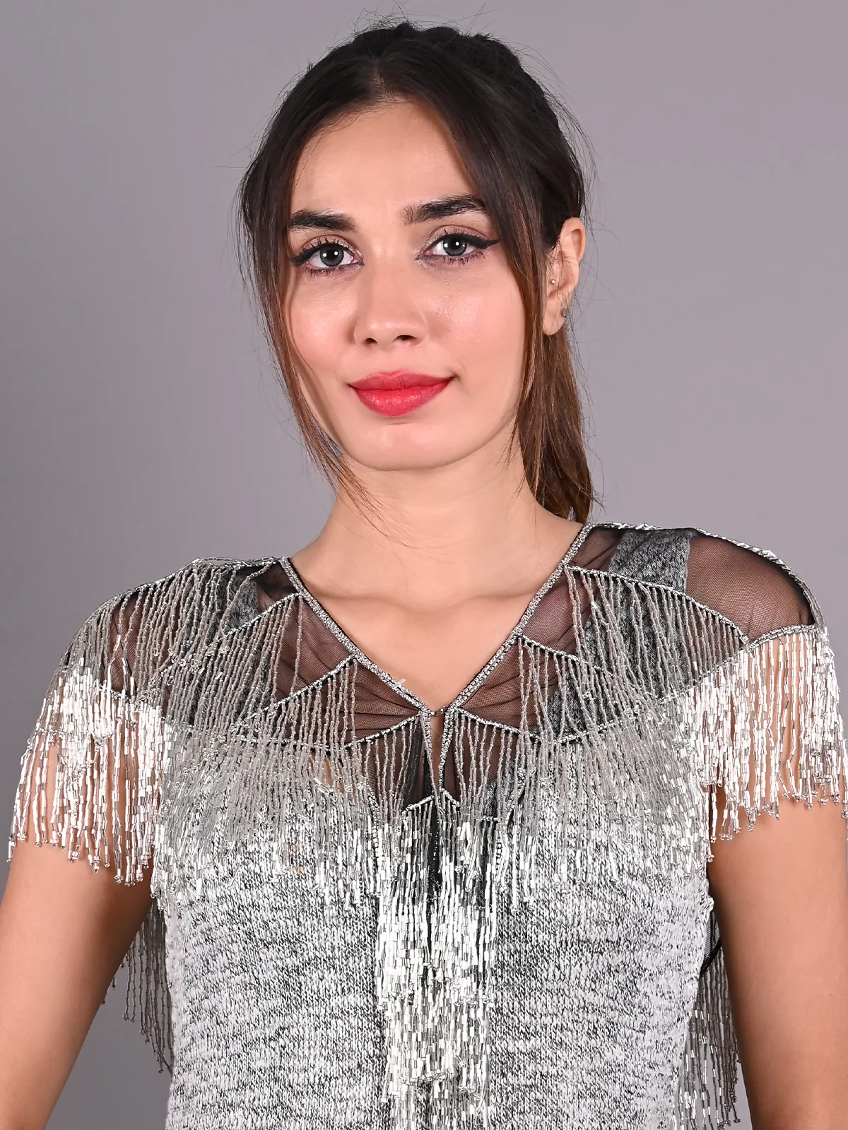 Odette Silver and Black Embellished Cape for Women - Image 2
