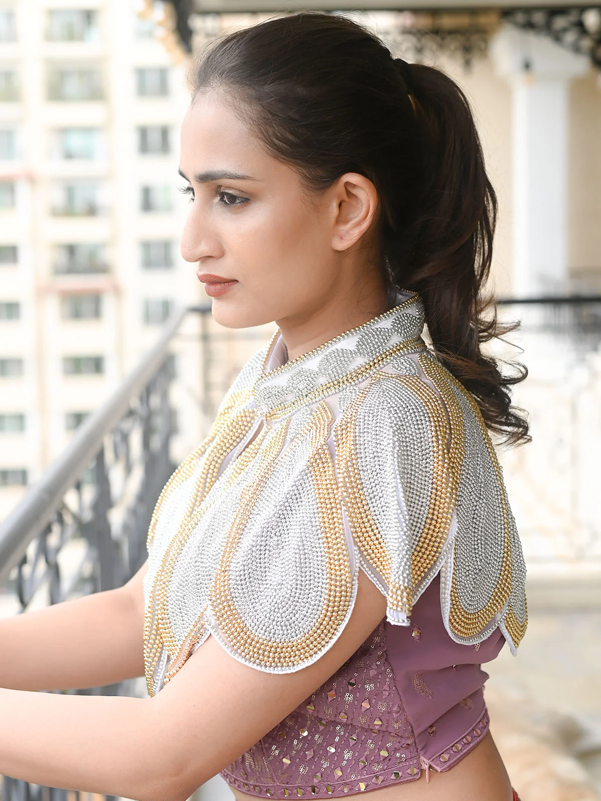 Odette Silver And Gold Embroidered  Beads Cape For Women - Image 2
