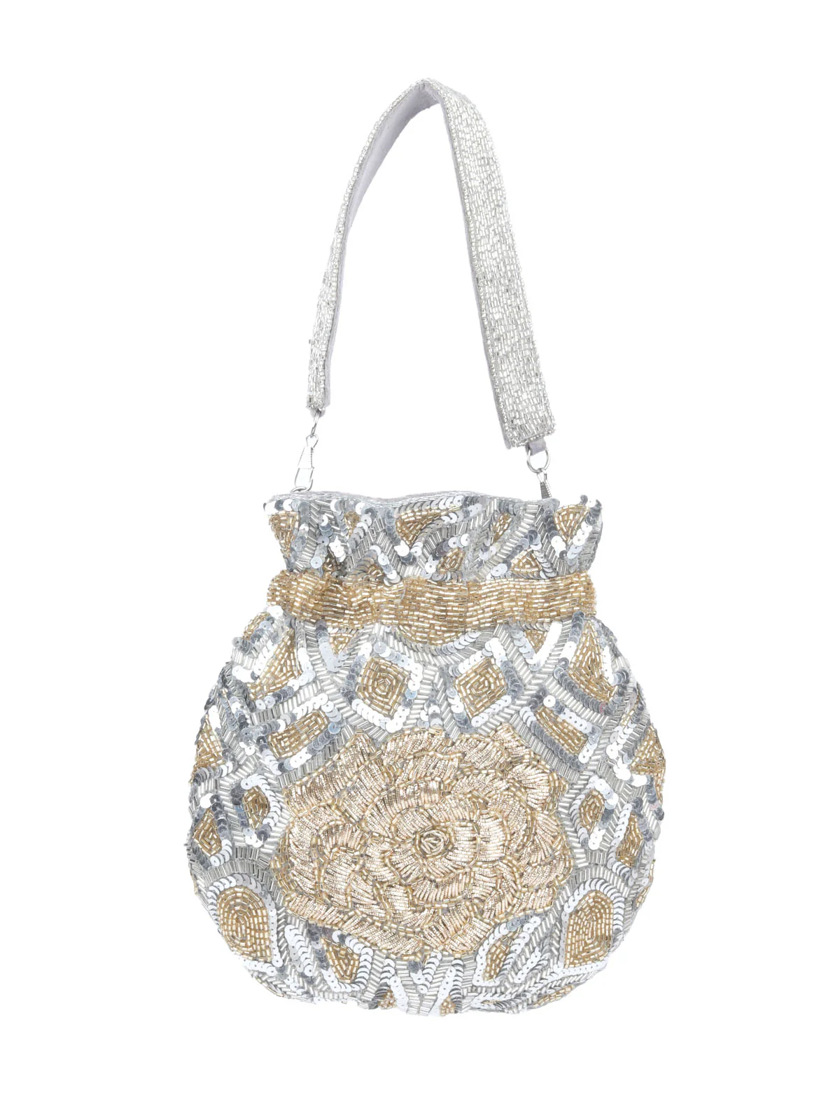 Odette Silver And Gold Velvet Embellished Potli For Women - Image 4