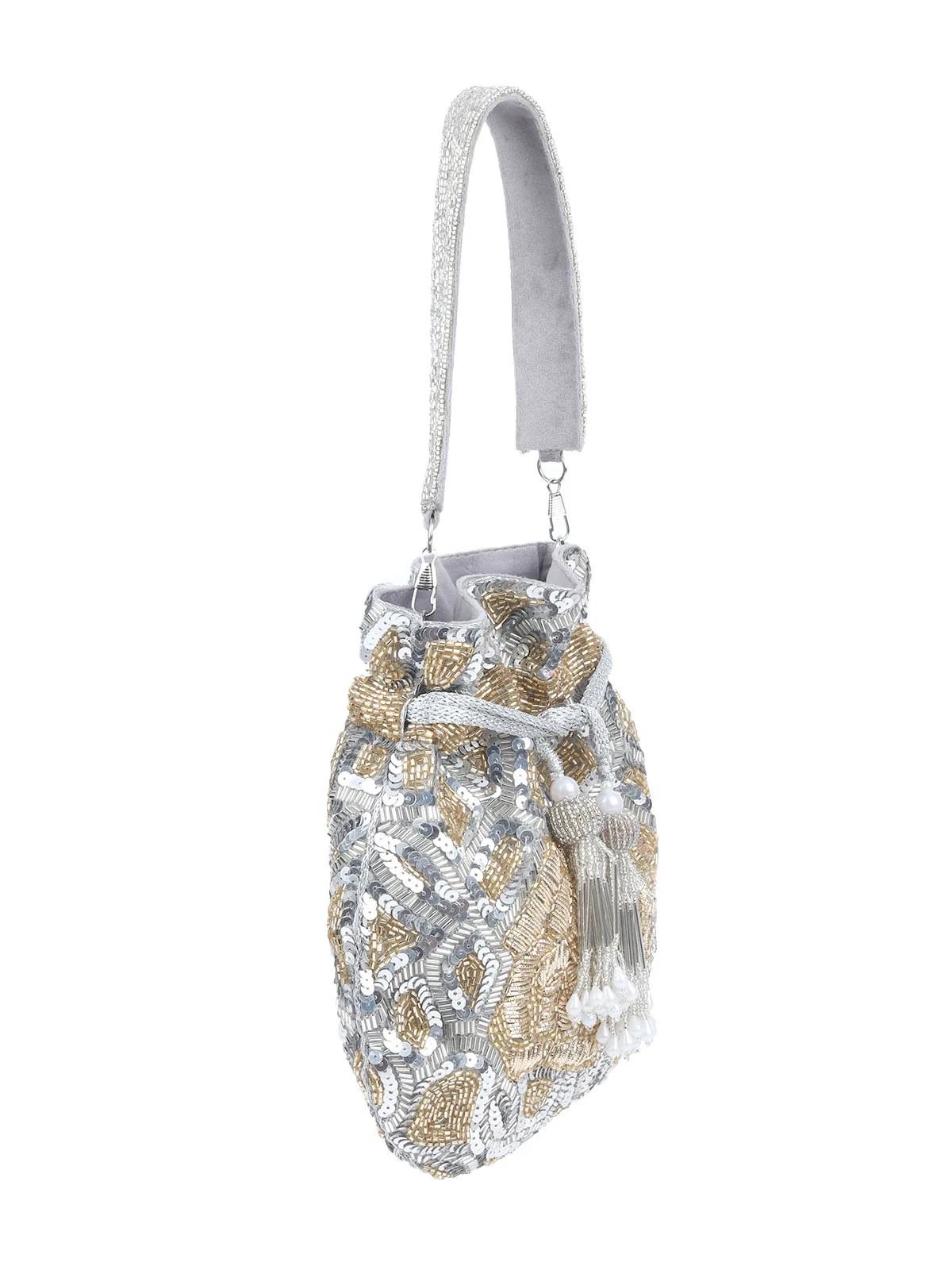 Odette Silver And Gold Velvet Embellished Potli For Women - Image 5