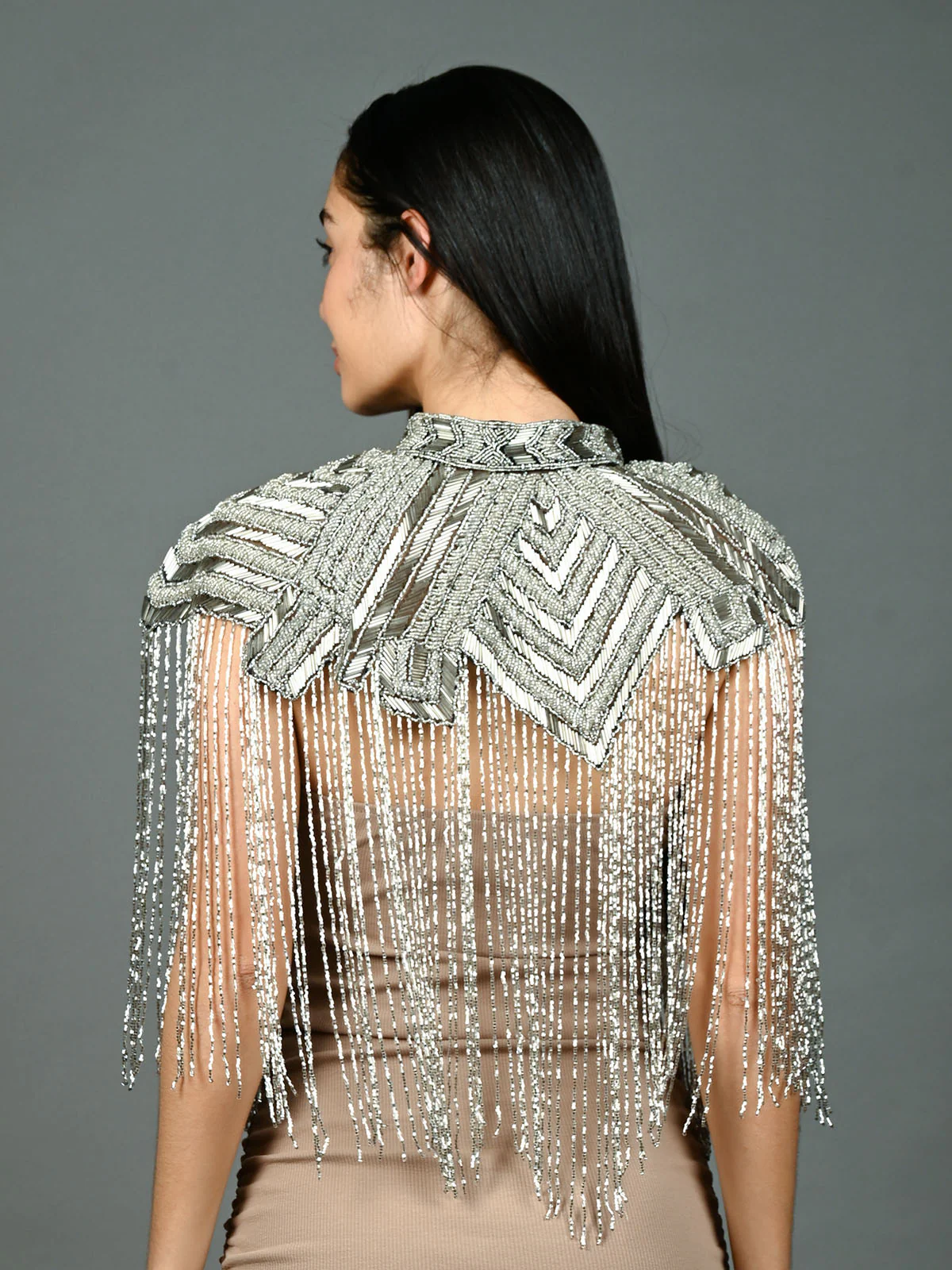 Odette Silver & Black Net Embellished Cape For Women - Image 4