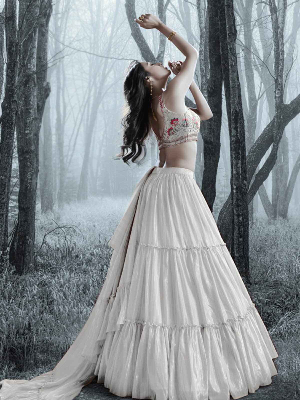 Odette Silver Art Silk Embellished Semi Stitched Lehenga With Unstitched Blouse For Women - Image 2