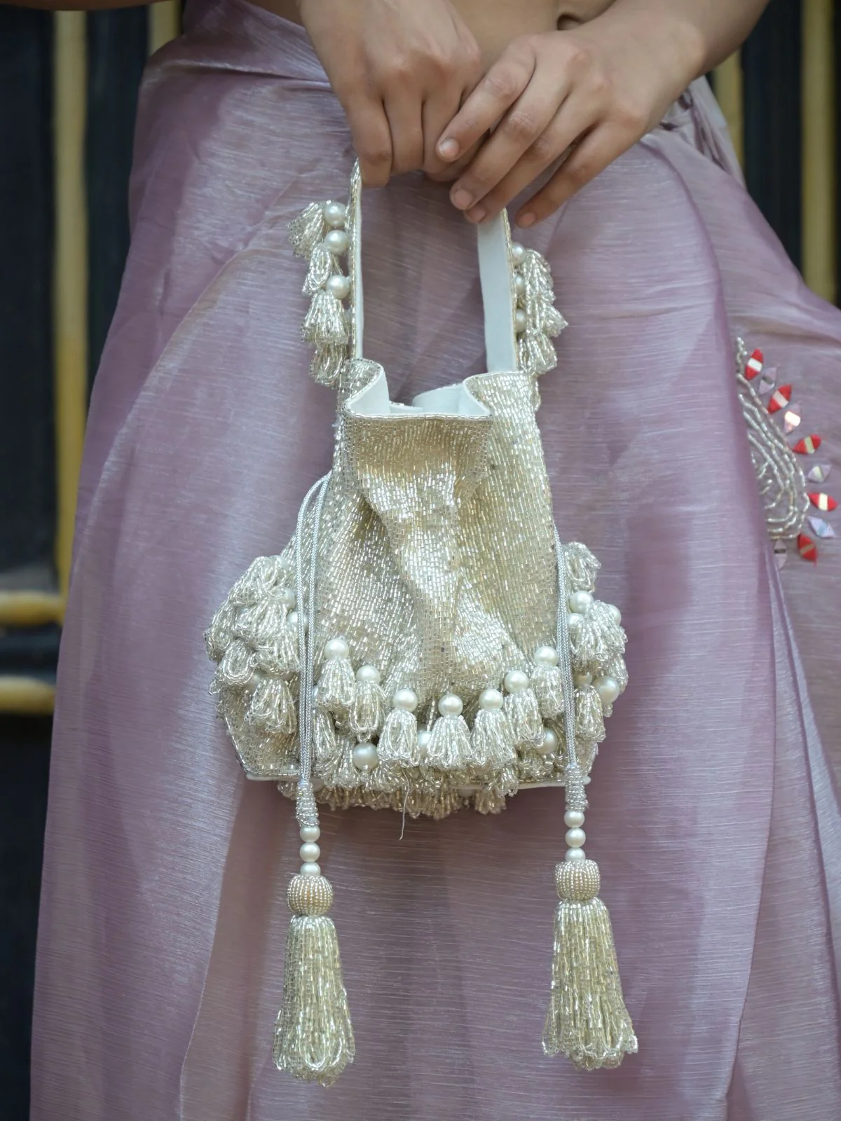 Odette Silver Embroidered Bridal Potli Bag For Women - Image 2
