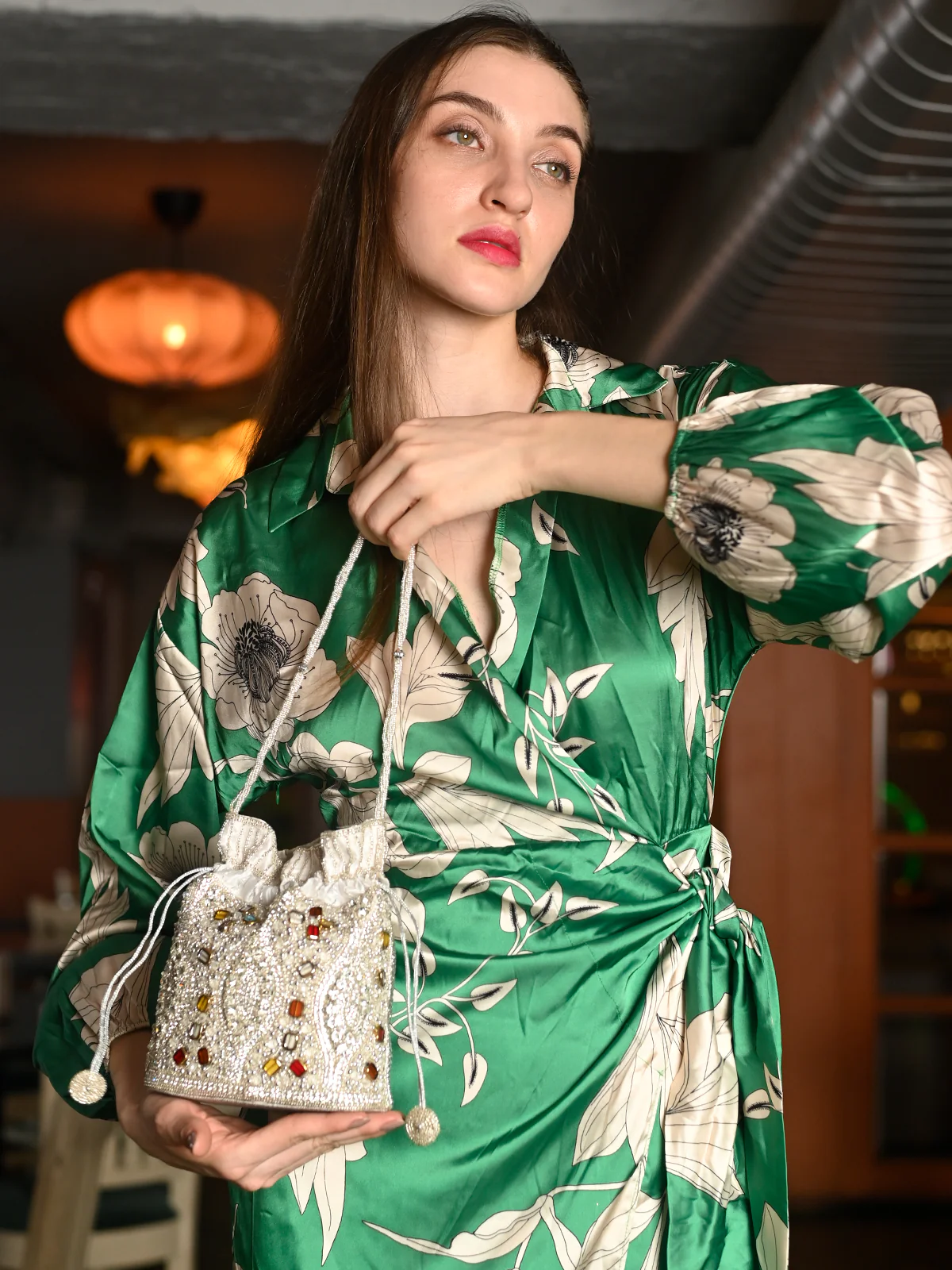 Odette Silver Embroidered Potli Bag For Women - Image 2