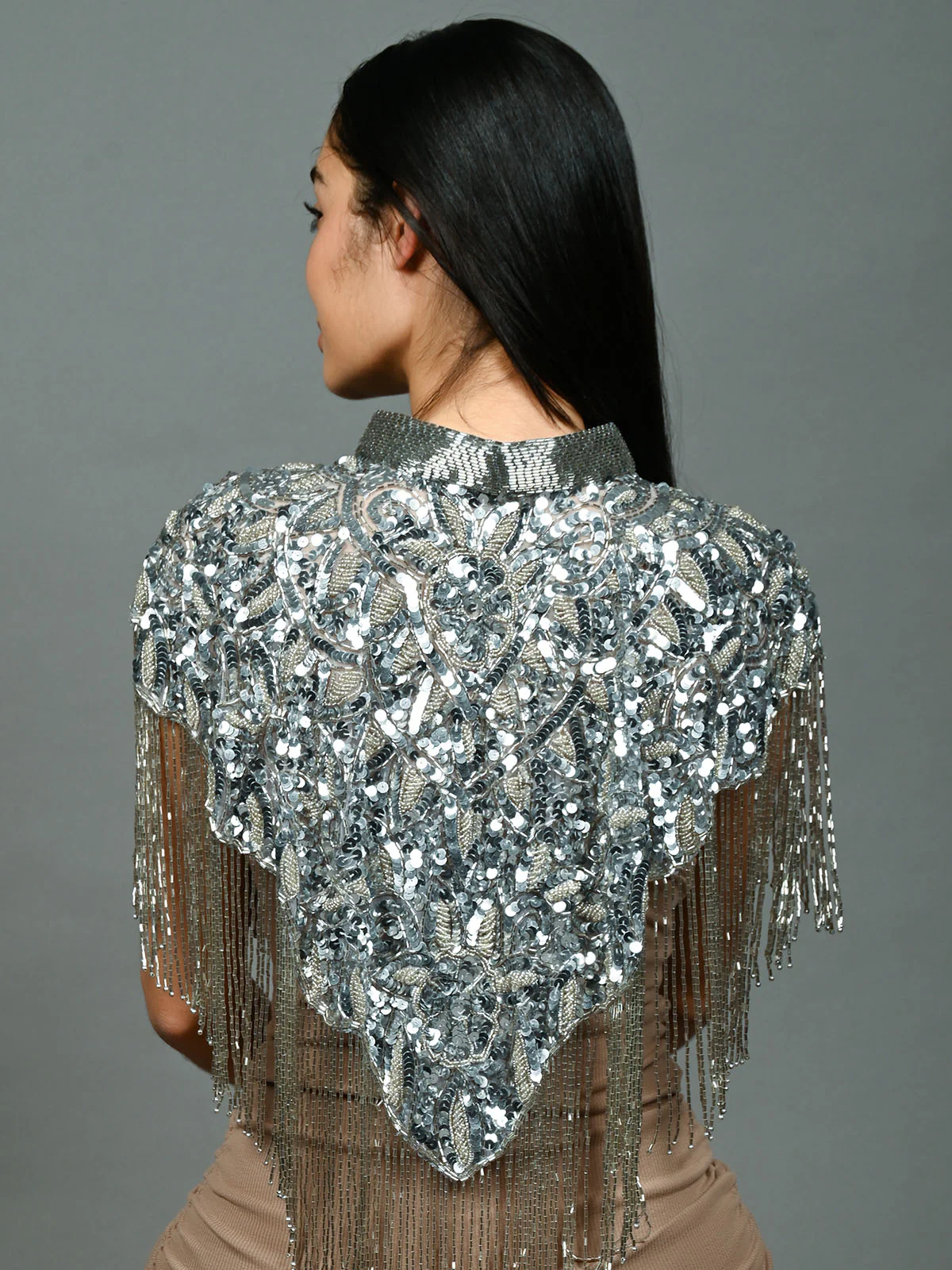 Odette Silver & Grey Net Embellished Cape For Women - Image 4