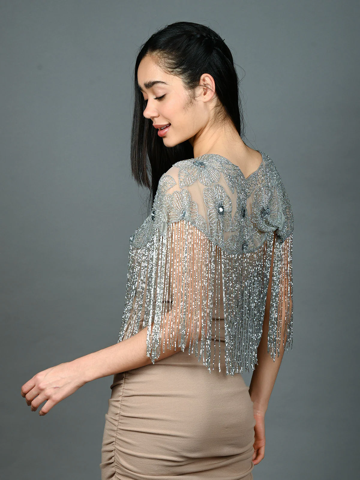 Odette Silver & Grey Net Embellished Cape For Women - Image 4