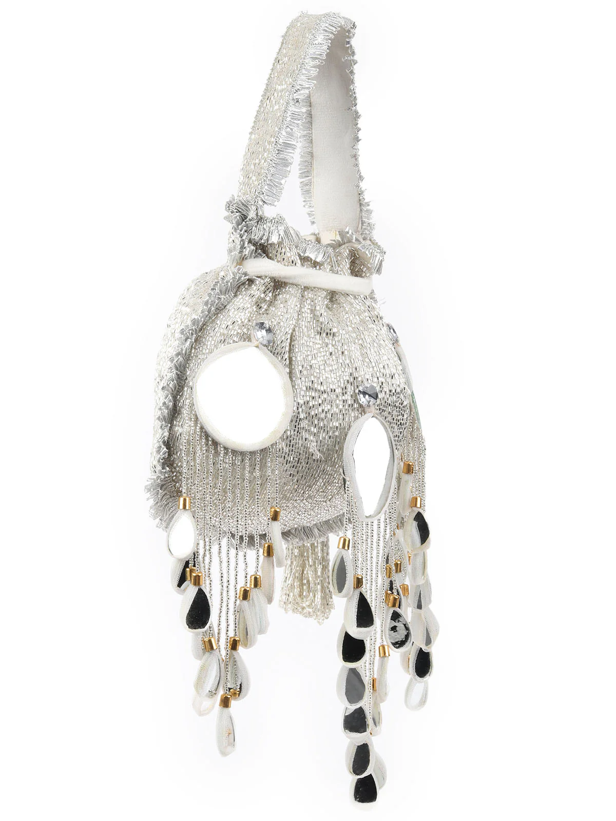 Odette Silver Suede Beads Tasseled Potli With Mirror Work Batuas For Women - Image 3