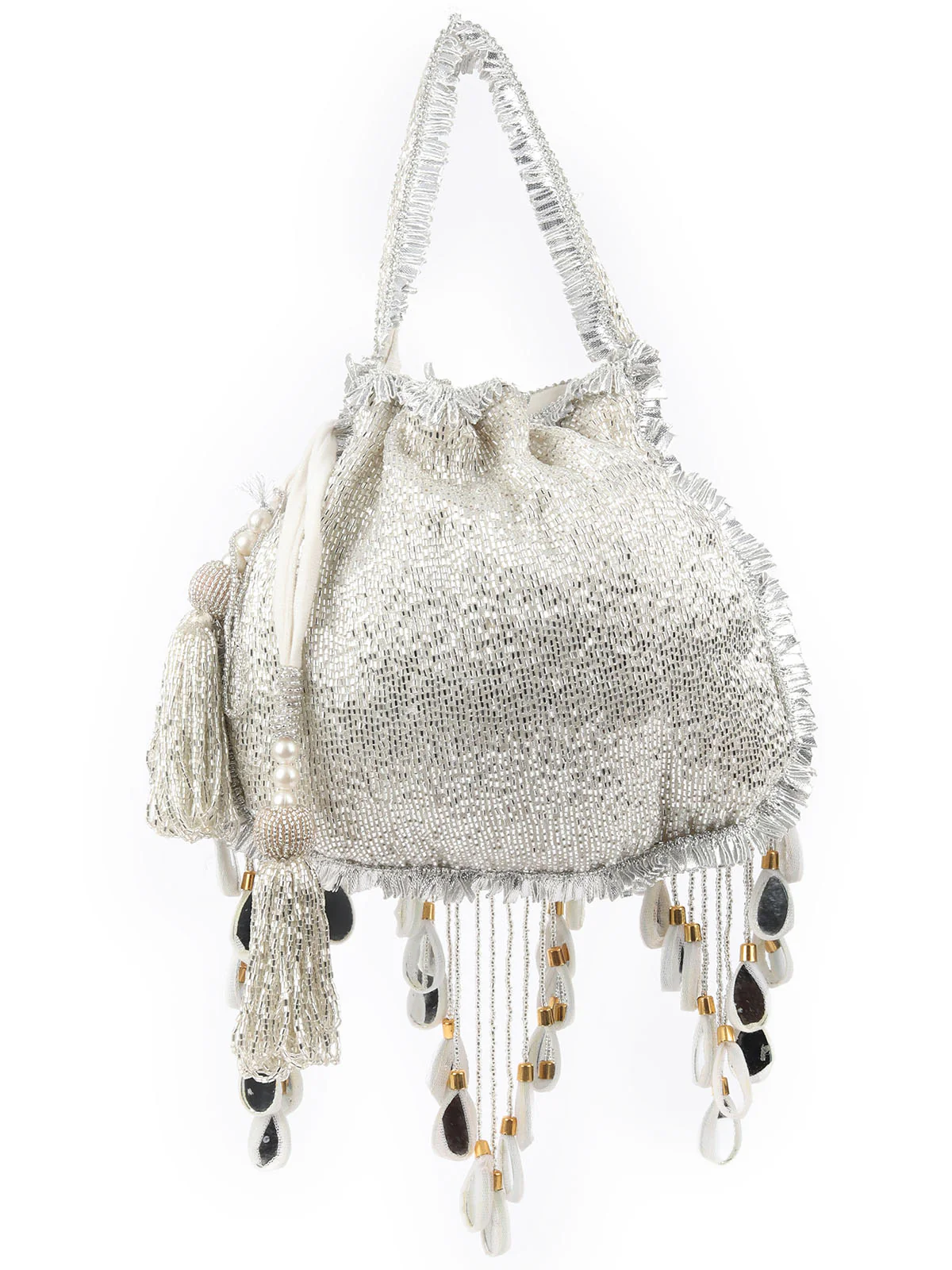 Odette Silver Suede Beads Tasseled Potli With Mirror Work Batuas For Women - Image 5