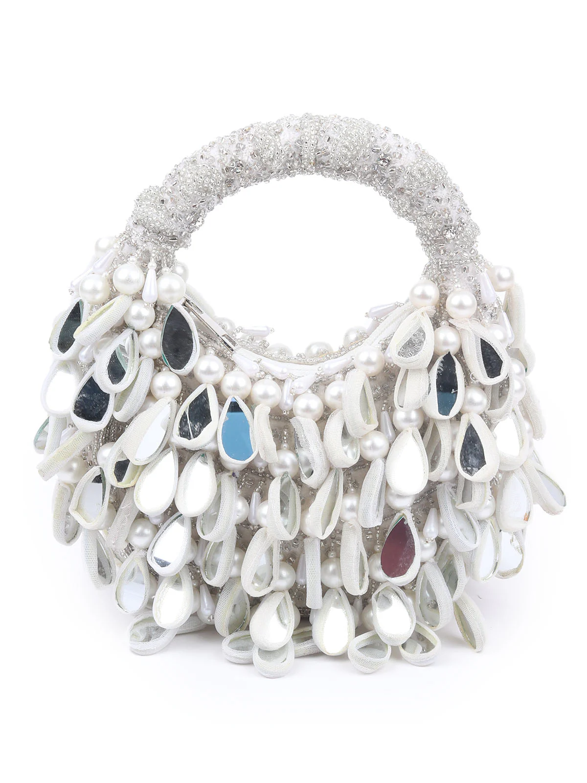 Odette Silver Suede Detailed With Beads And Mirror Work Hand Bag For Women - Image 3