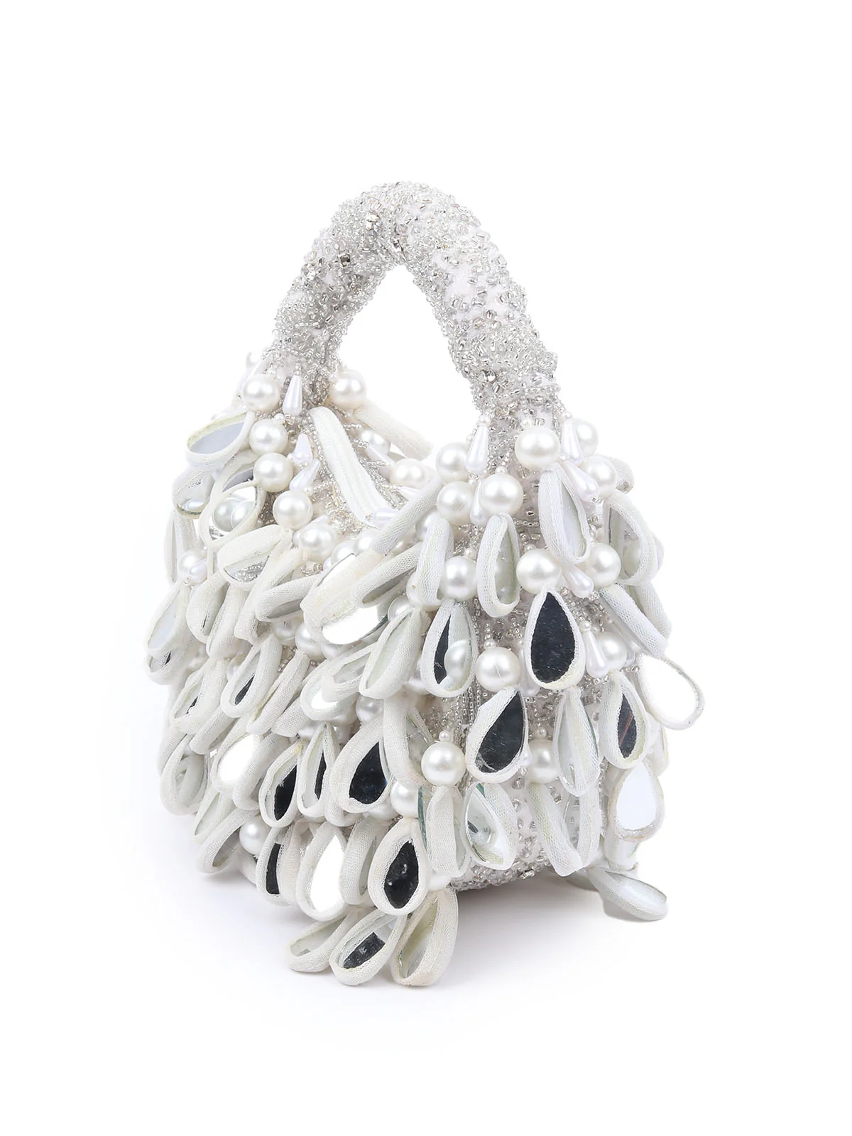 Odette Silver Suede Detailed With Beads And Mirror Work Hand Bag For Women - Image 4